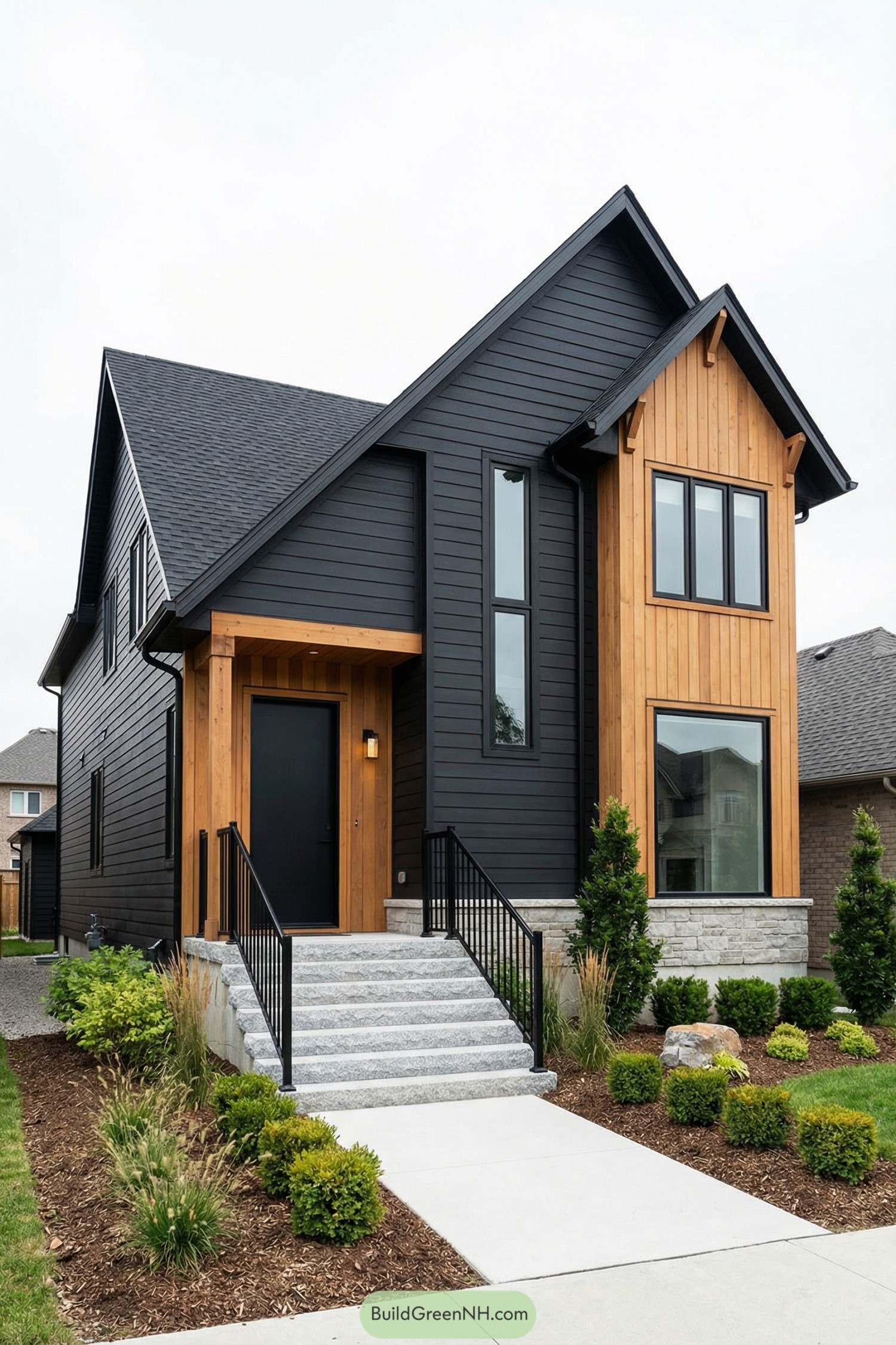 Black cedar-clad modern house with warm vertical wood accents and clean landscaping