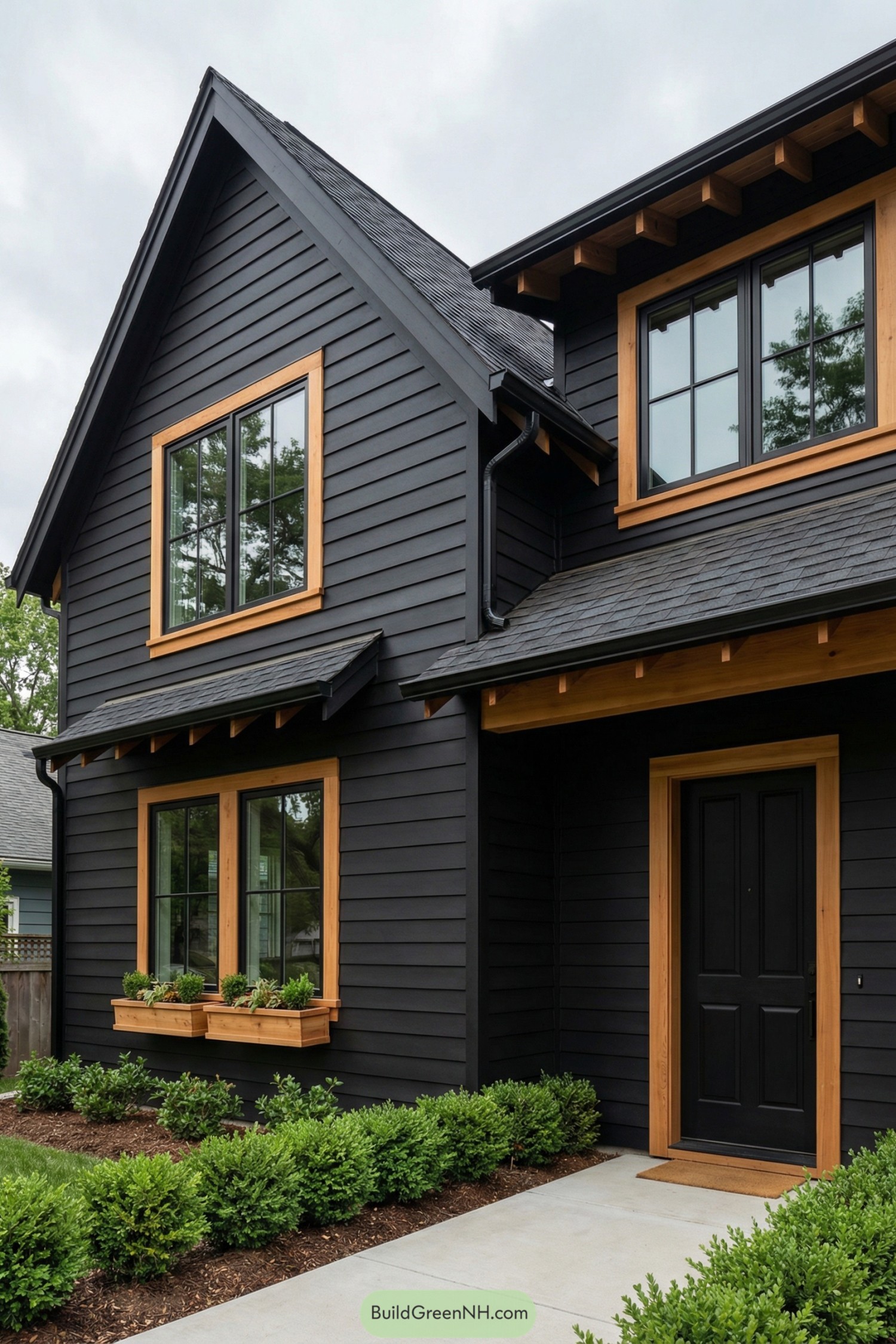 Black siding house with warm cedar trim and neat foundation shrubs