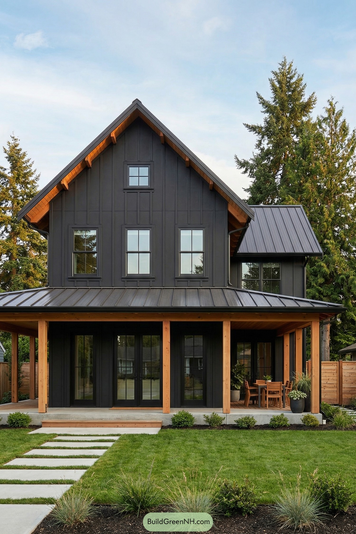 Modern black farmhouse with cedar posts and wraparound porch
