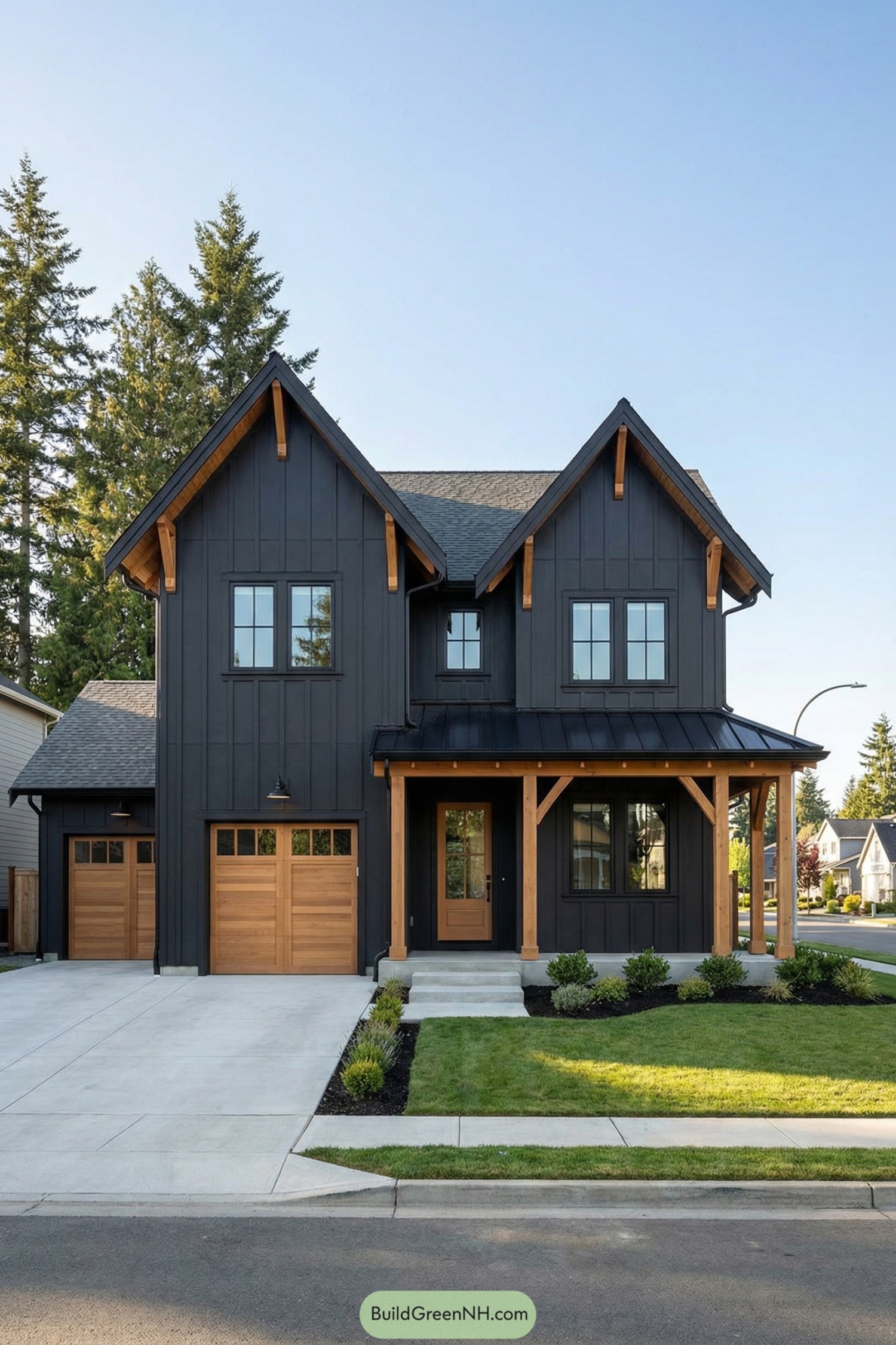 Black modern farmhouse with cedar accents