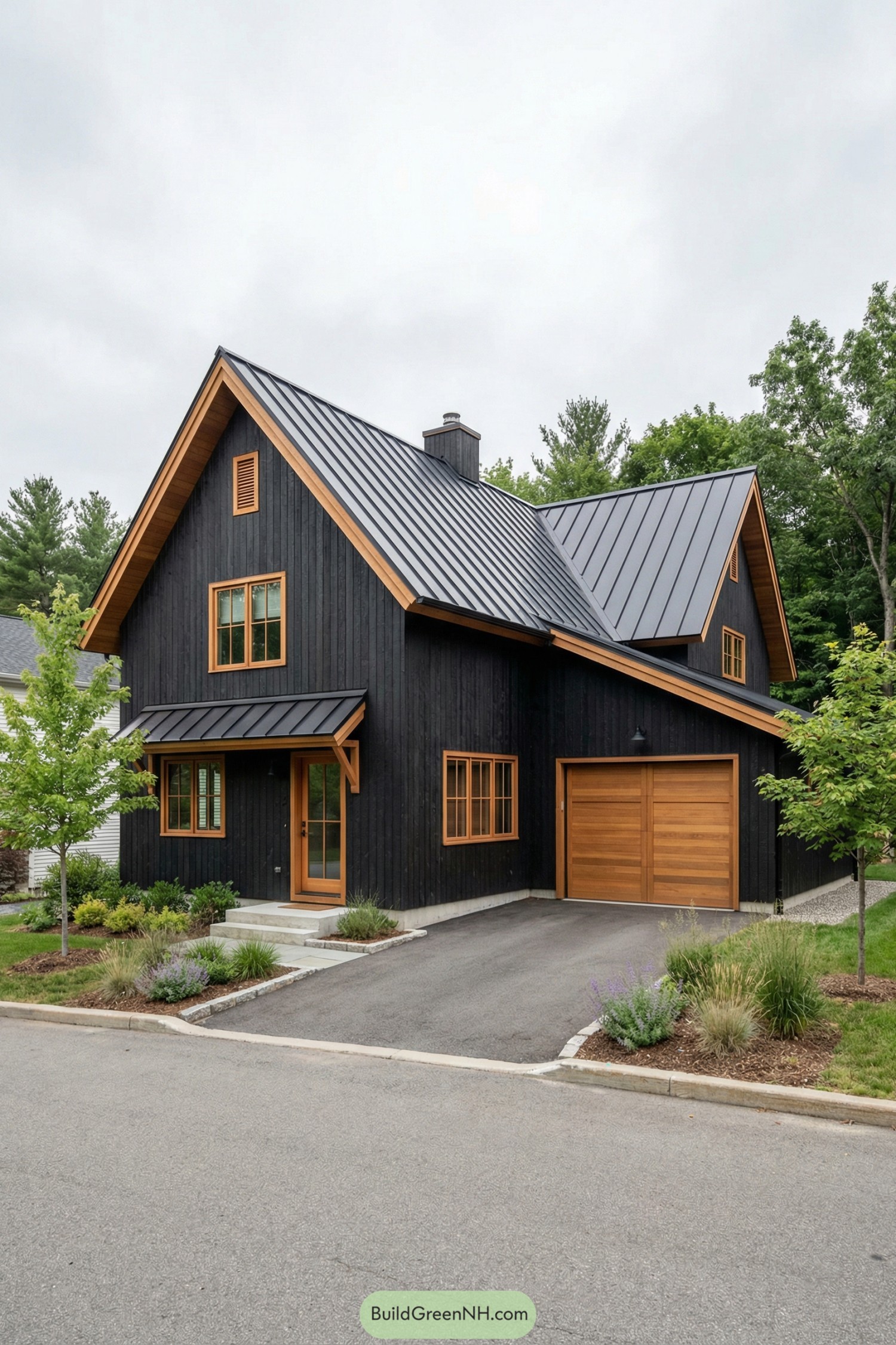 Modern black house with warm cedar trim and metal roof