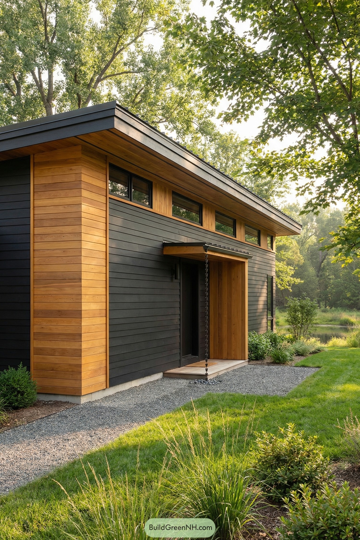 Modern black and cedar house with low roof and rain chain entry
