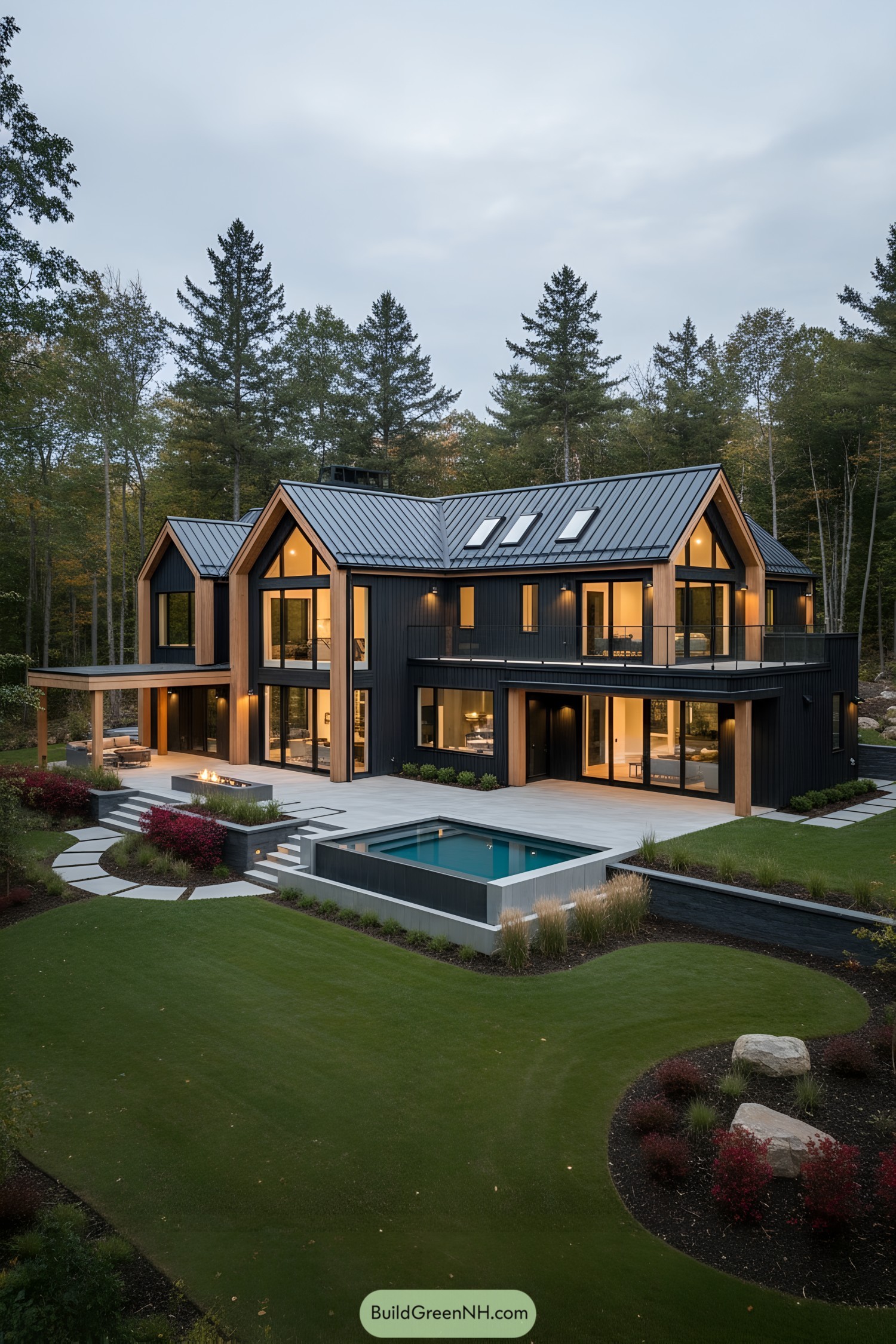 Black-clad gabled home with pool and terrace