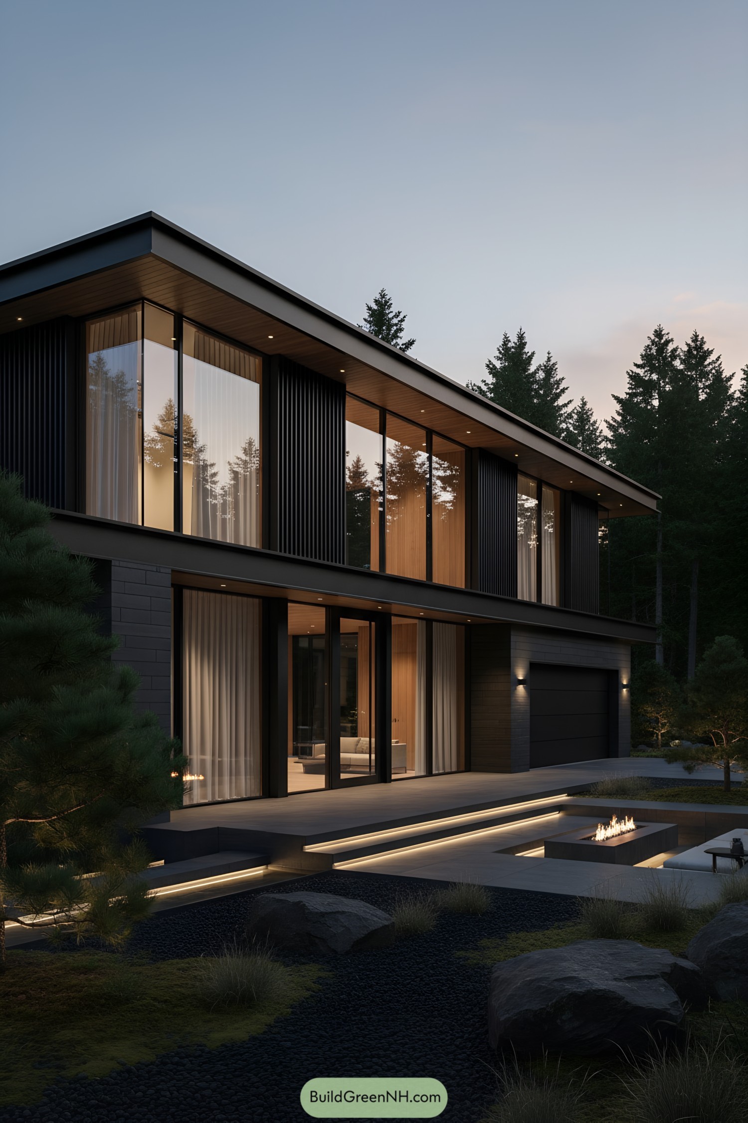 Black modern two-story home with sunken firepit