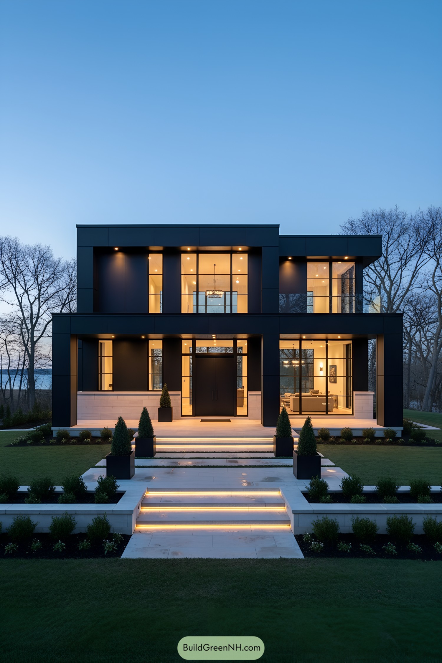 Black modern house with warm interior glow