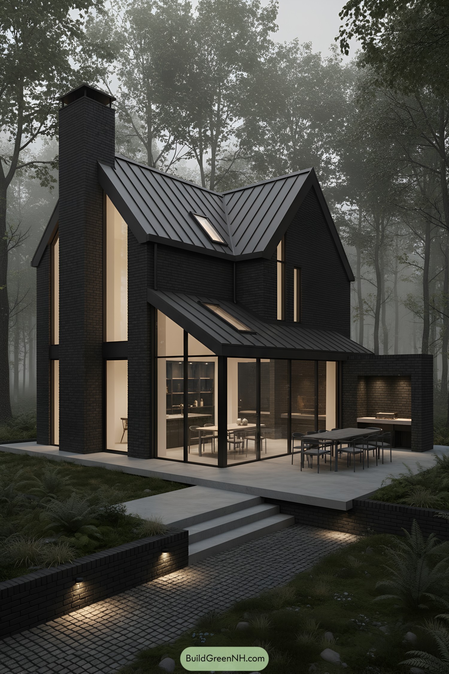 Black brick gabled house with glassy dining pavilion in misty woods