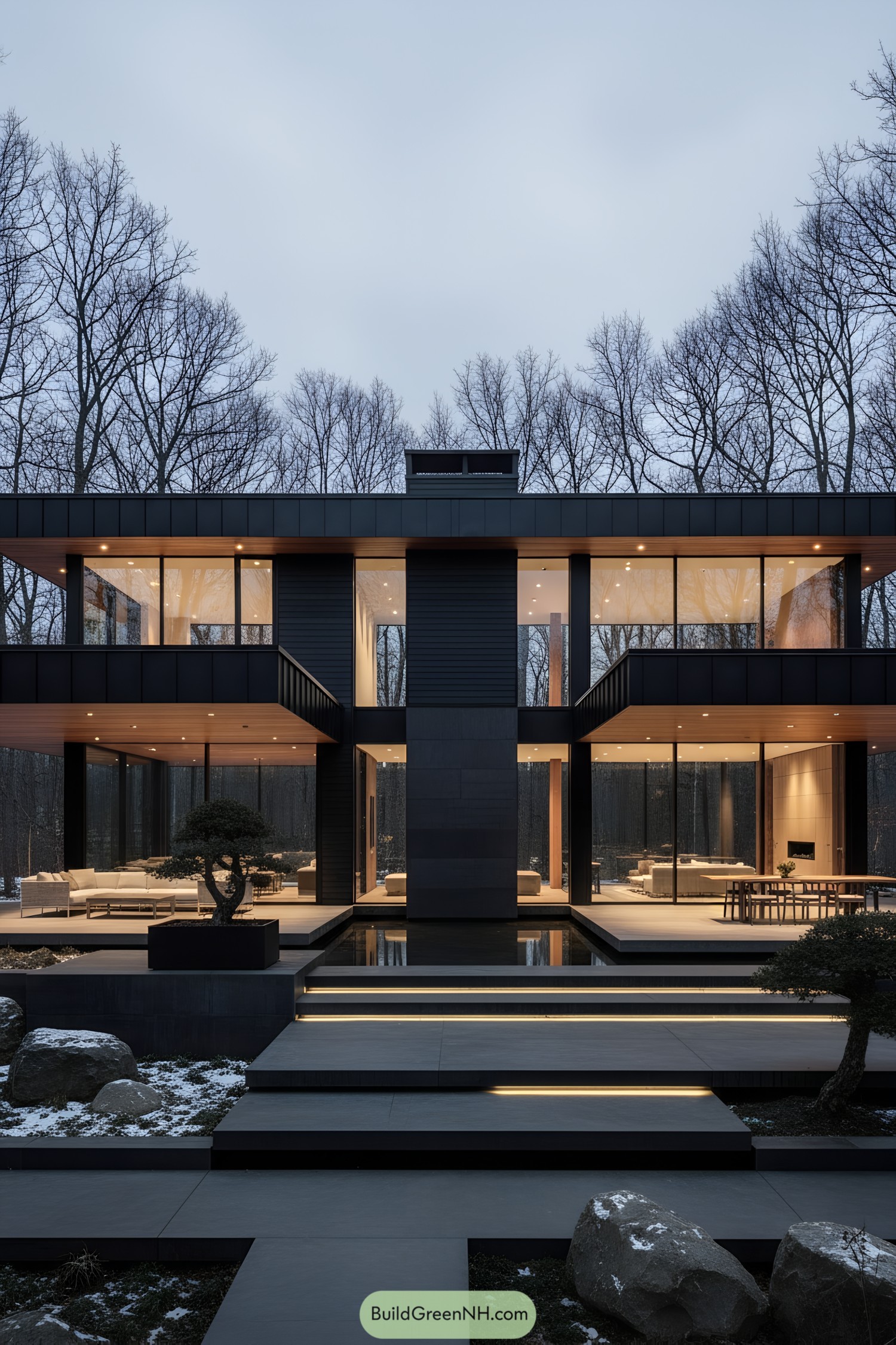 Black modern villa with glass walls and reflecting pools
