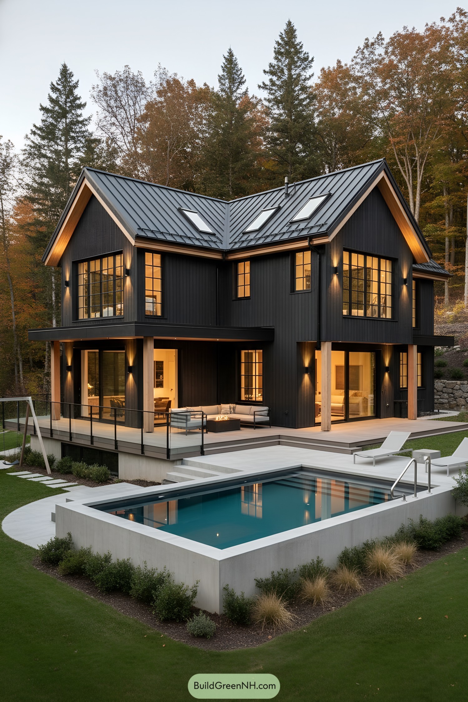 Black gabled house with pool and deck