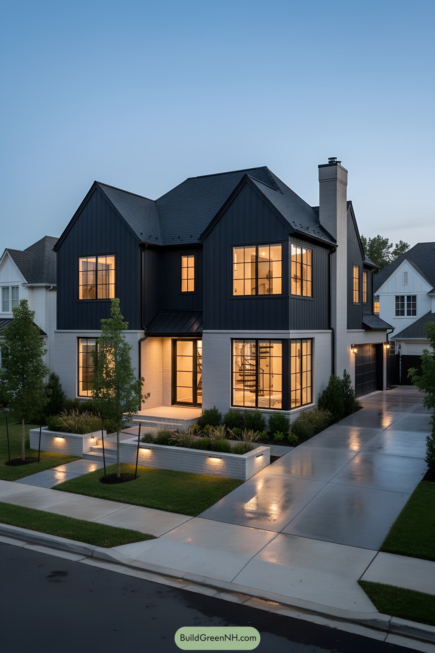 Black gabled house with glowing windows at dusk