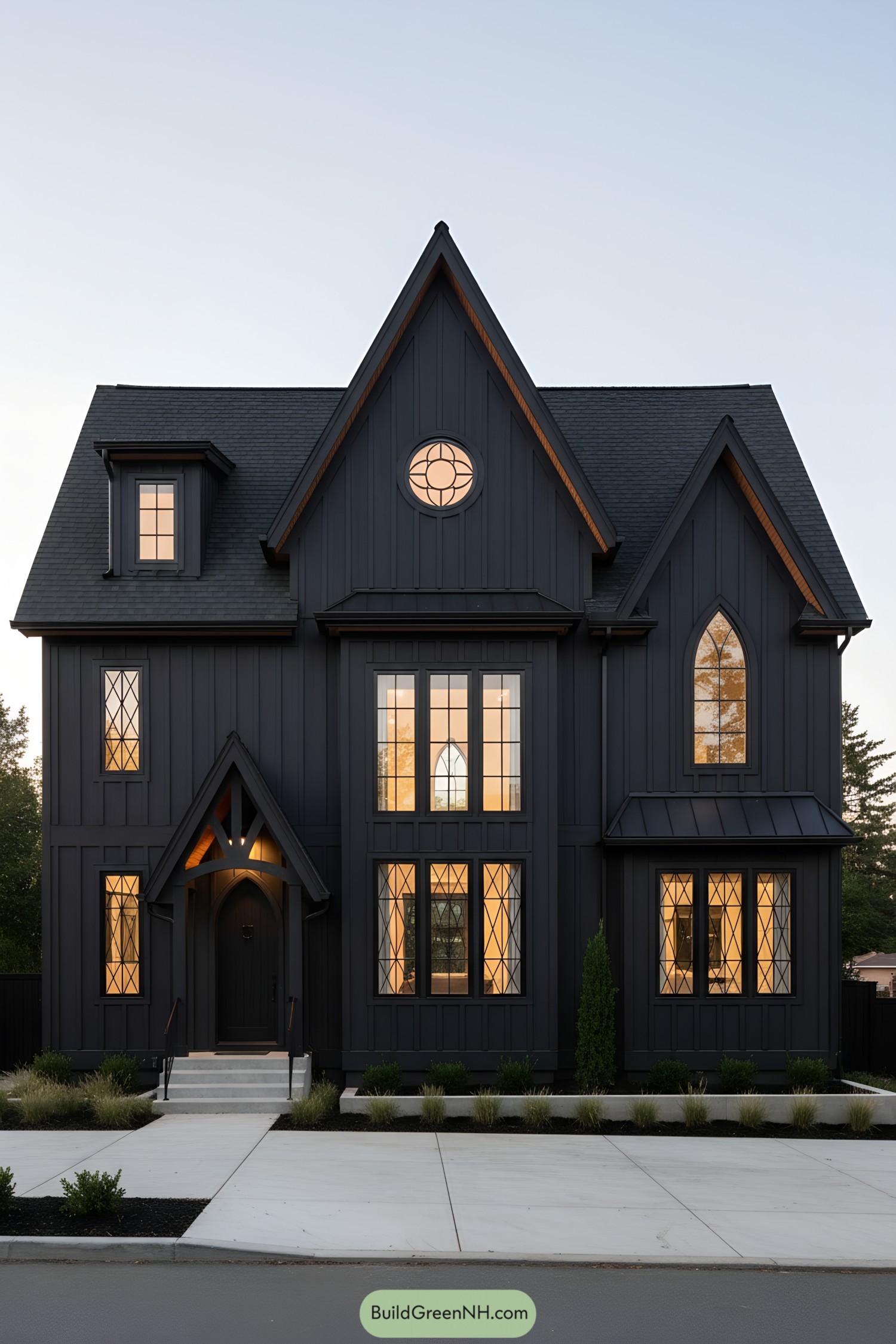 Black gabled house with warm glowing windows