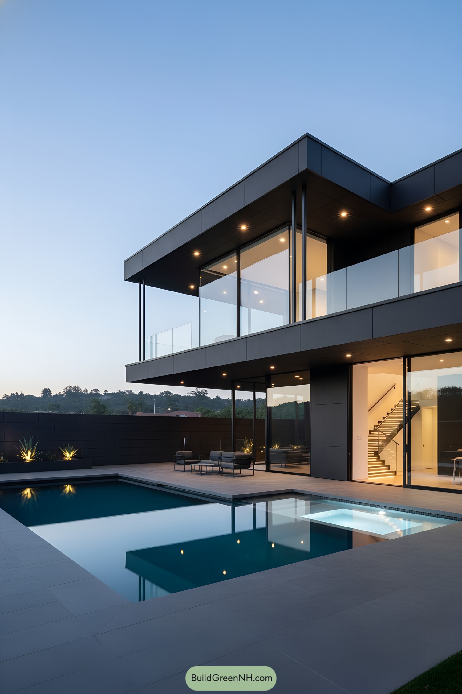 Modern black two-story home with cantilevered balcony overlooking a geometric pool at dusk