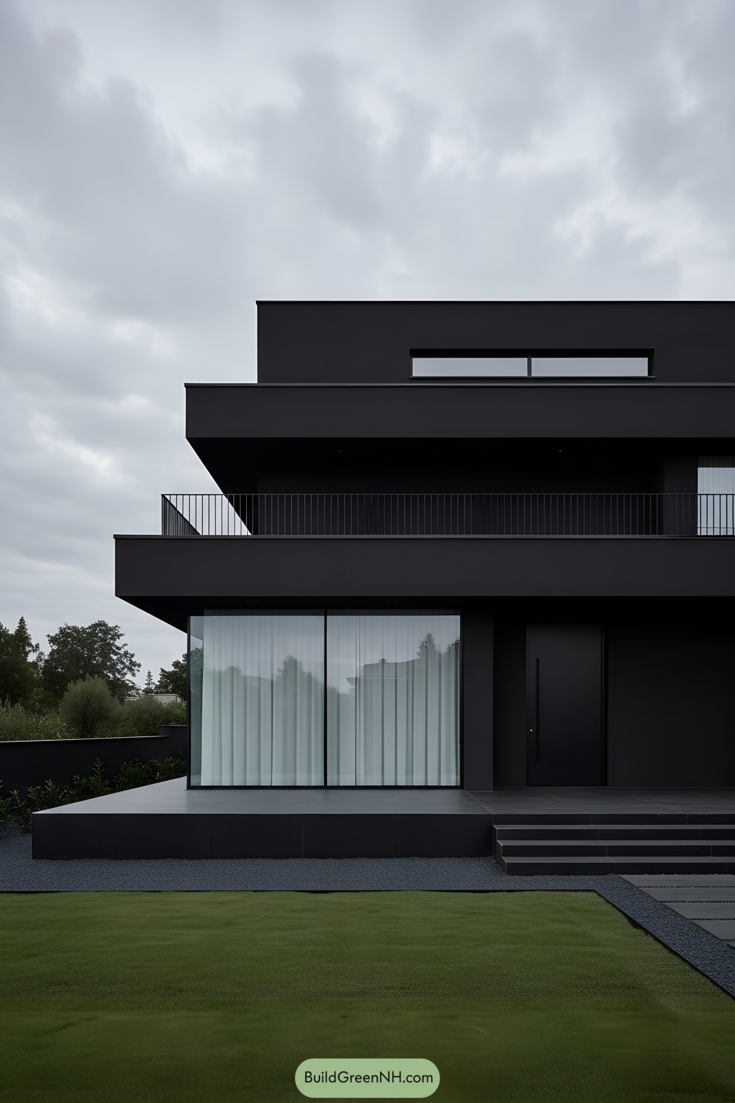 Black cubic house with tiered terraces and wide glass