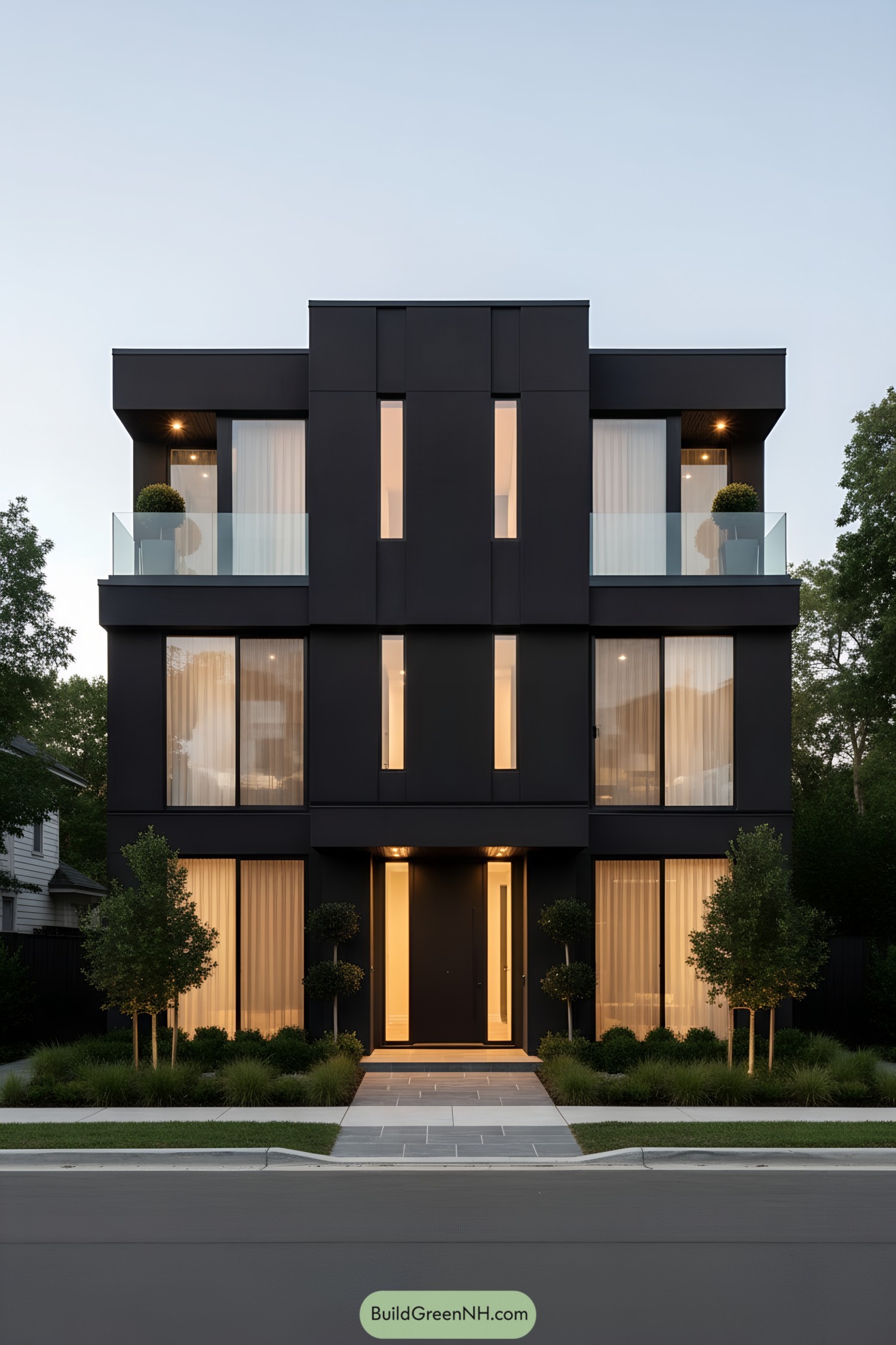 Black three-story townhouse with glass balconies