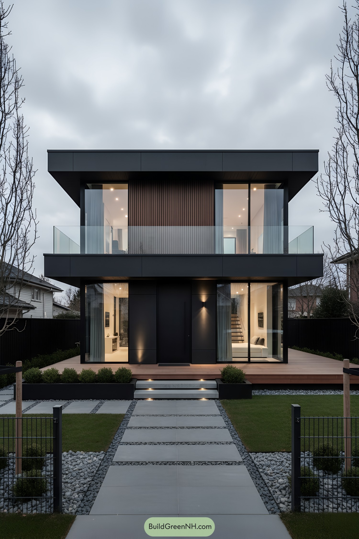 Two-story black modern home with glass balconies and wood accents