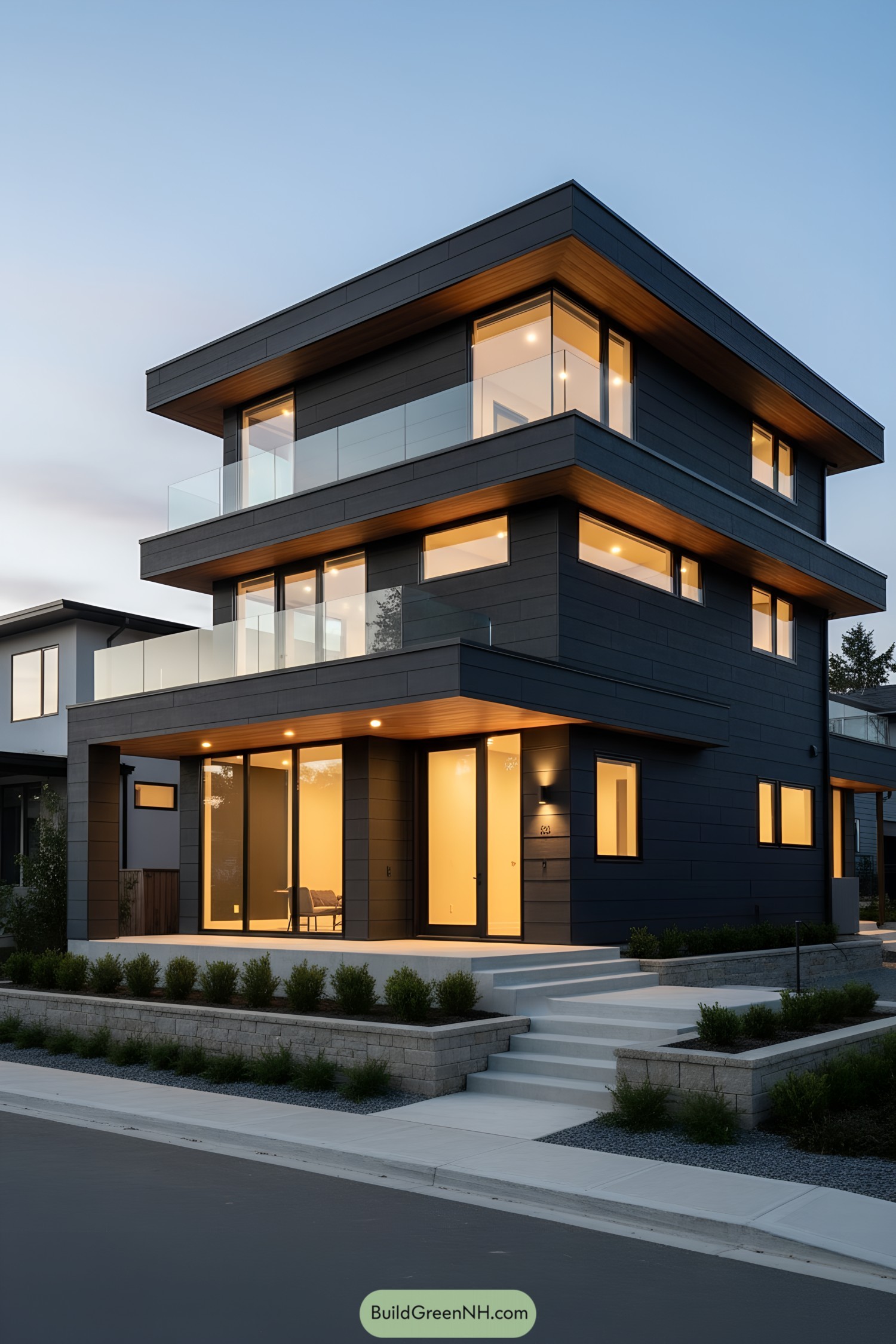 Three-story black modern home with glass balconies
