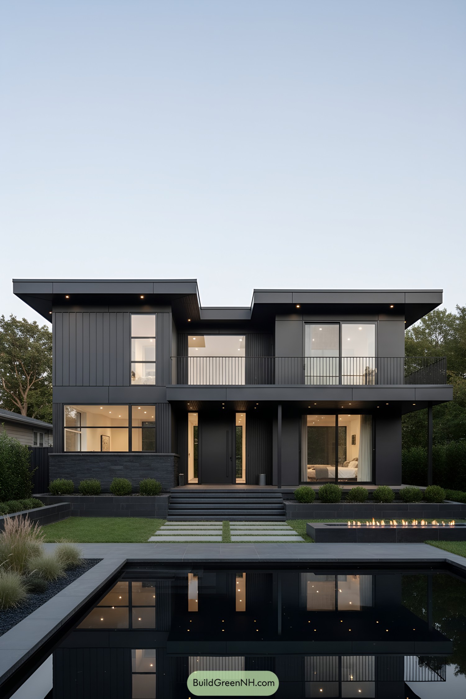 Black modern two-story home with pool
