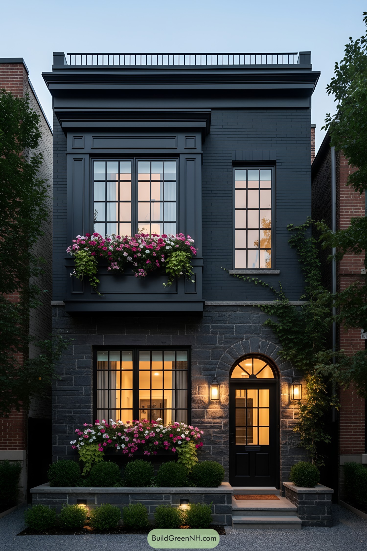Black brick townhouse with tall grid windows and flower boxes