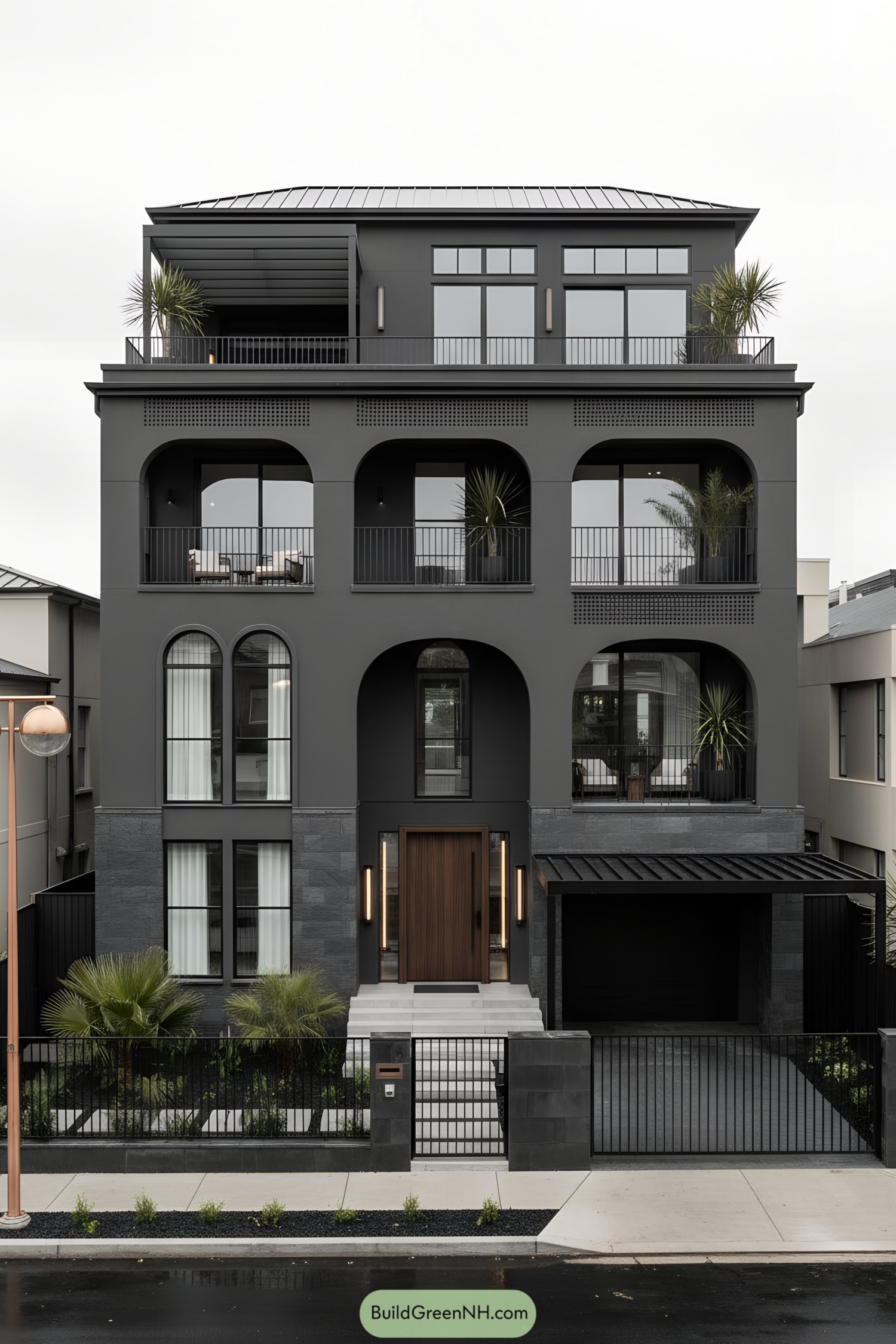 Three-story black townhouse with arched balconies and rooftop terrace