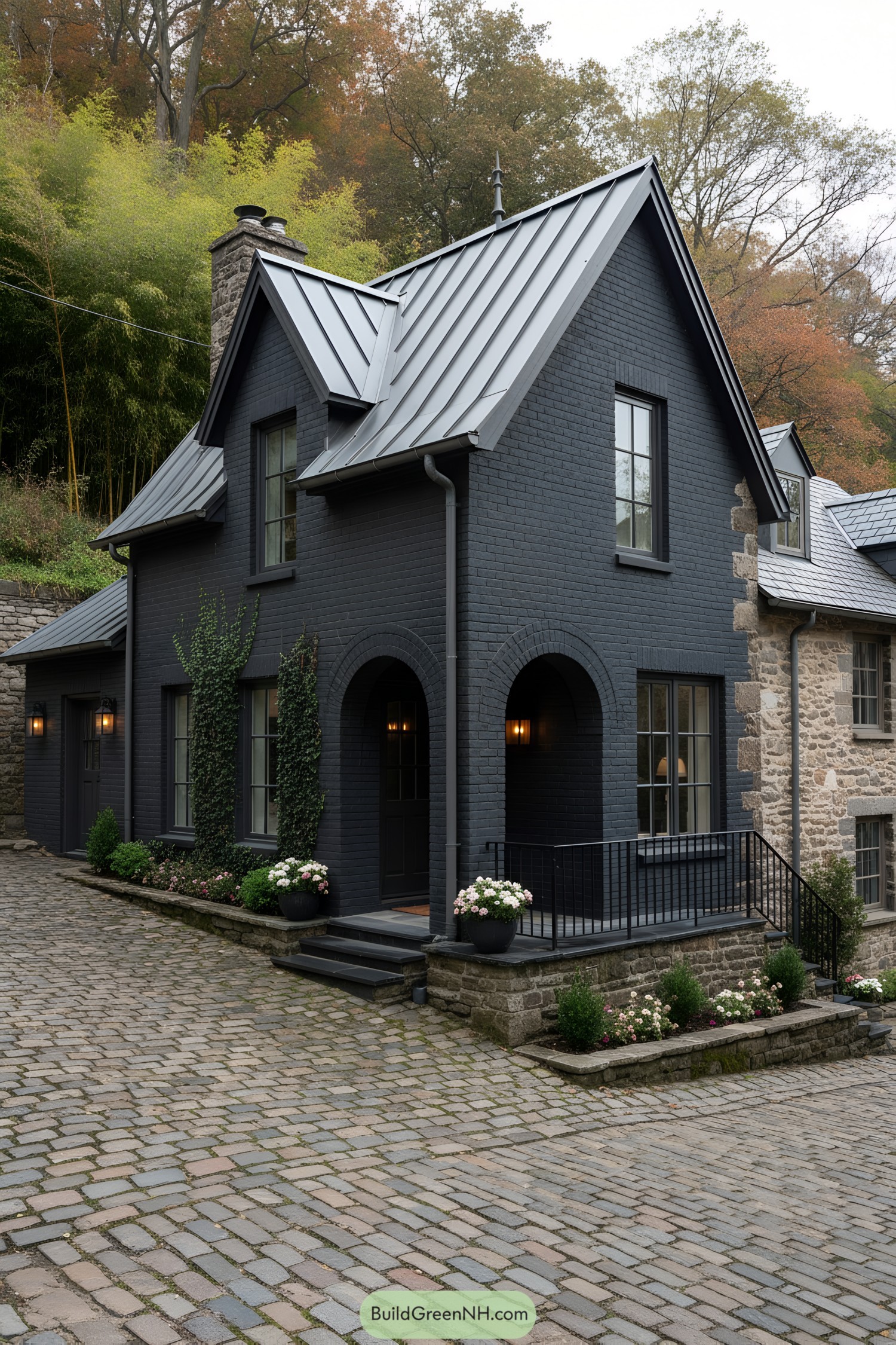 Black-brick cottage with metal roof and arched porch, cobblestone drive, and ivy accents