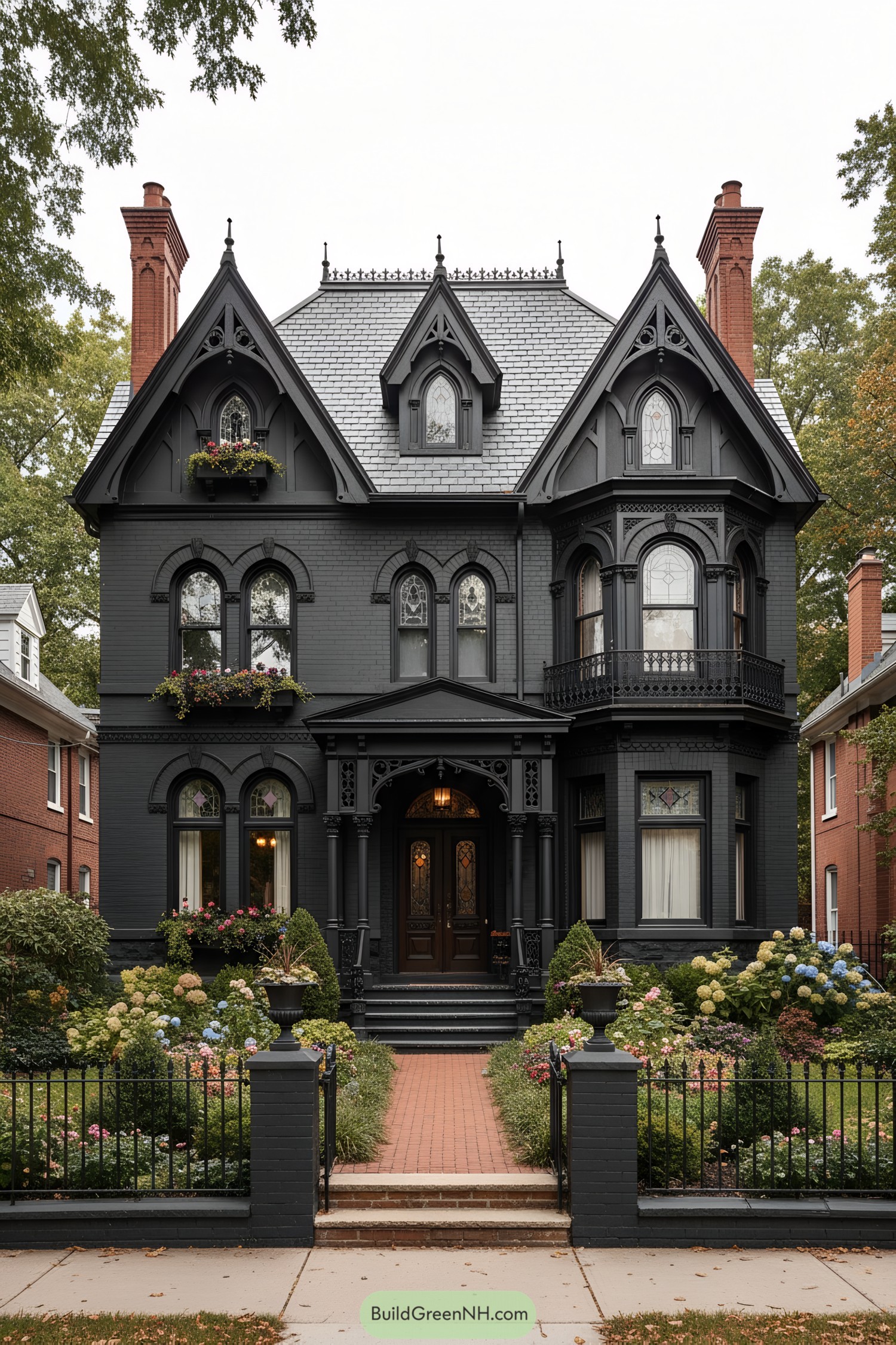 Black Victorian townhouse with ornate gables and lush front garden