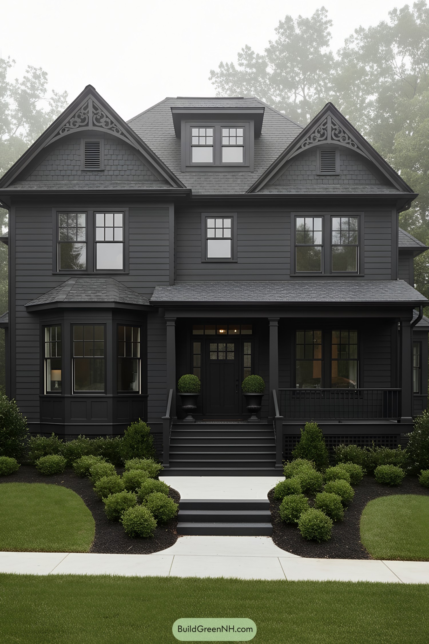 Black-painted Victorian house with ornate gables and front porch steps framed by manicured shrubs