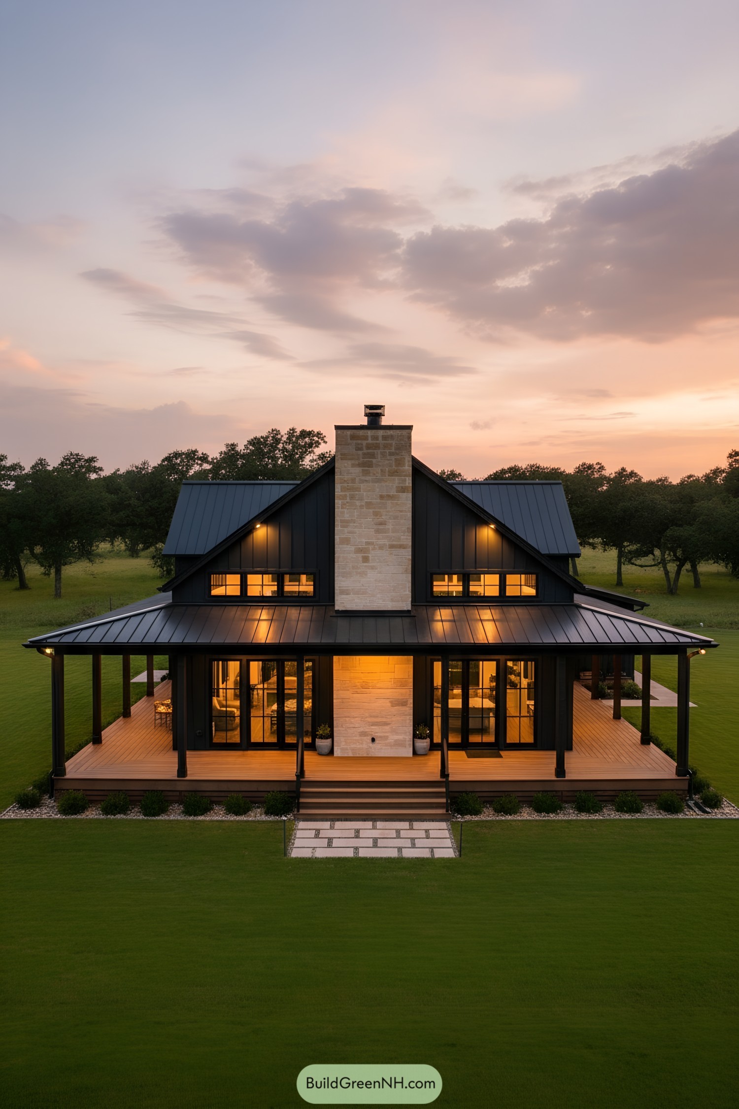 Black barndo with wraparound porch and stone chimney at sunset
