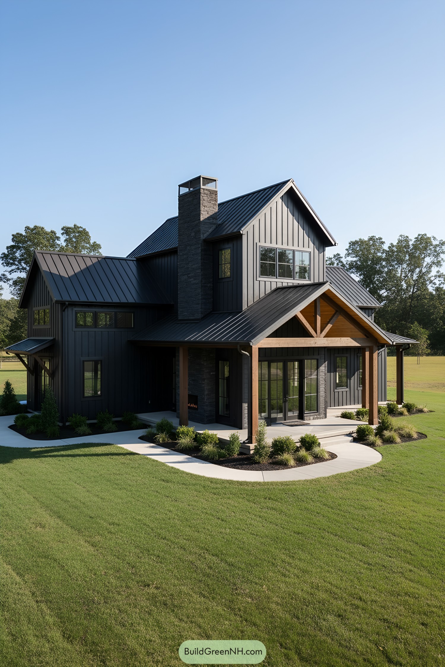 Black metal barndo with gabled roof timber posts and stone chimney