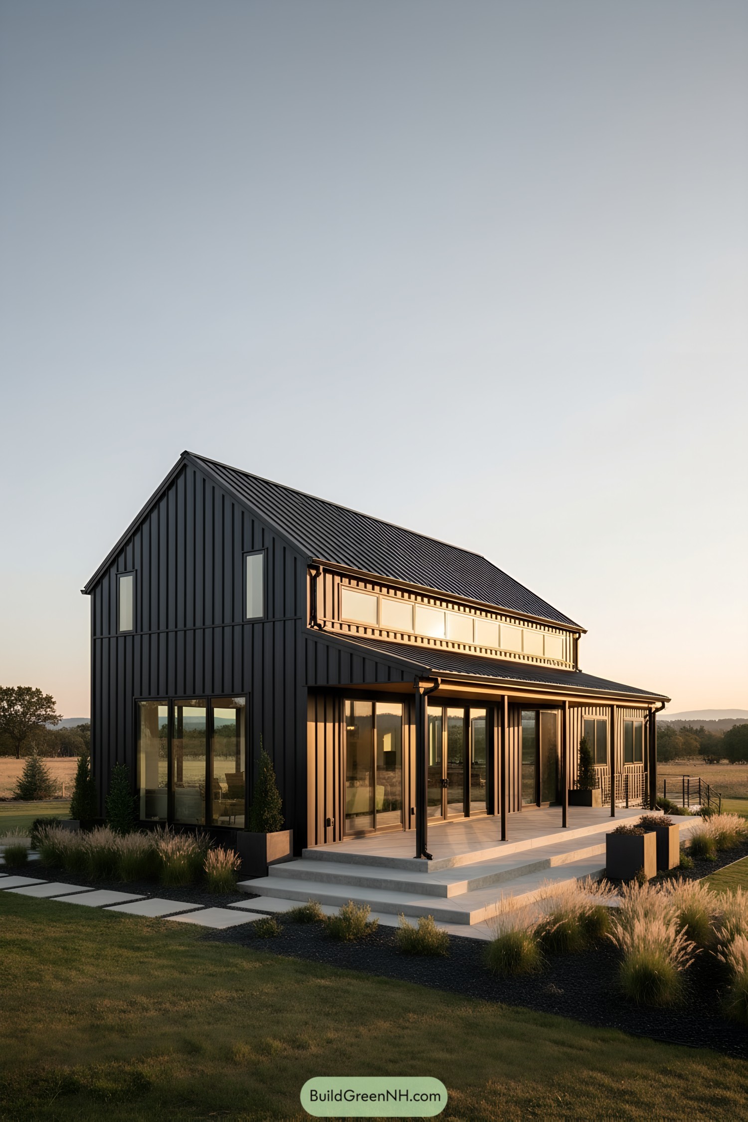 Black metal barndo with clerestory and terrace