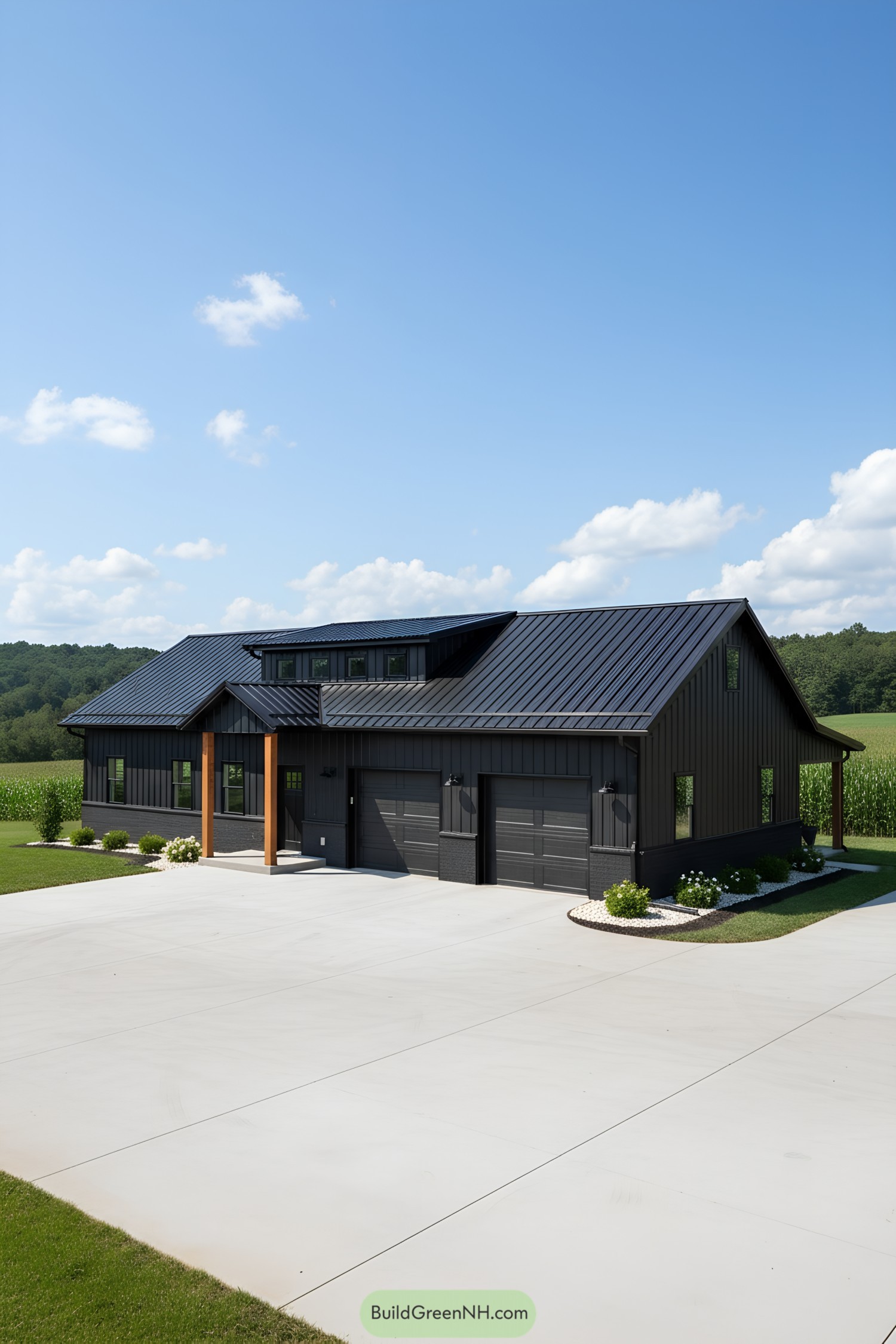 Black metal barndo with warm wood posts