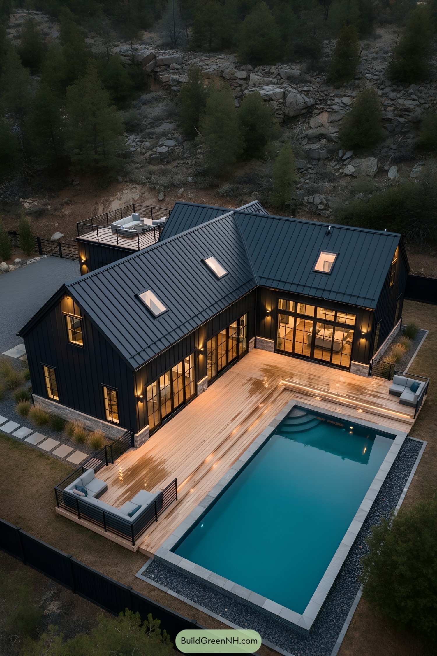 Black metal-clad barndo with warm-lit deck and pool courtyard