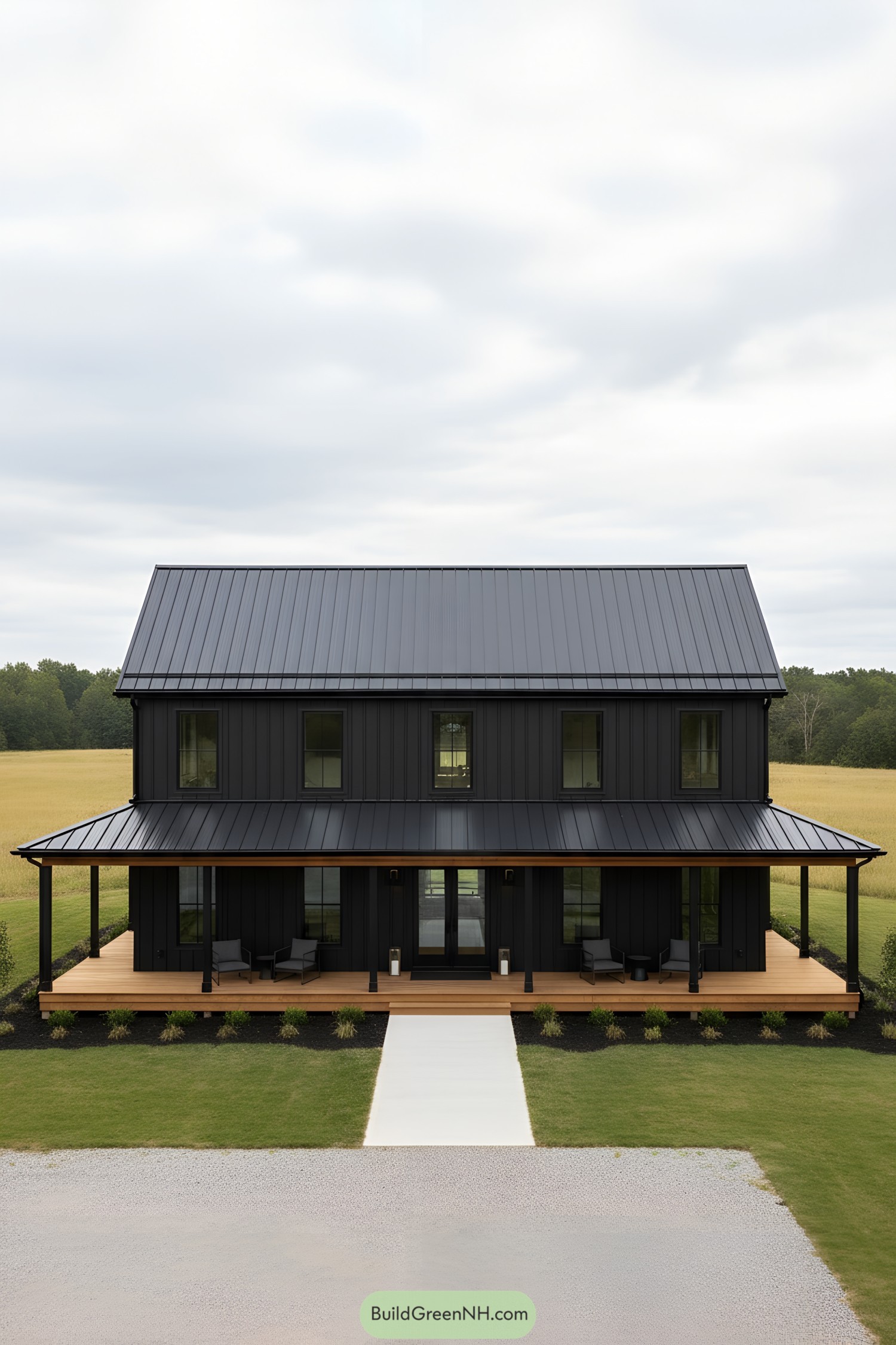 Black barndo with standing seam roof and wraparound porch