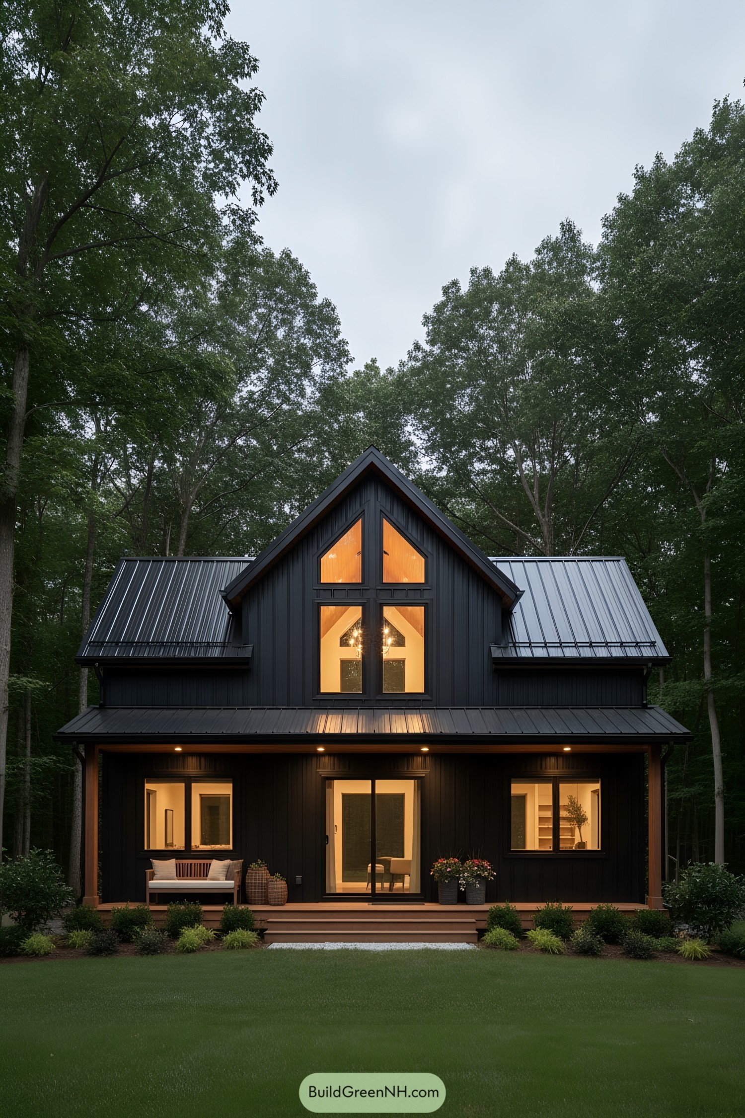 Black metal barndo with glowing gables and cozy porch lighting set in a wooded clearing