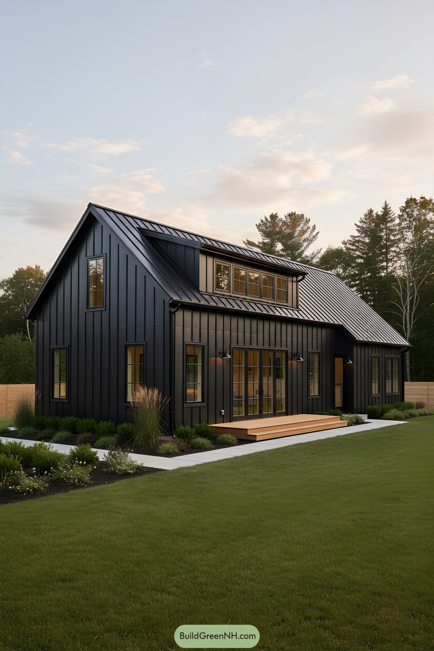 Black metal-clad barndominium with dormered clerestory and warm wood stoop at sunset