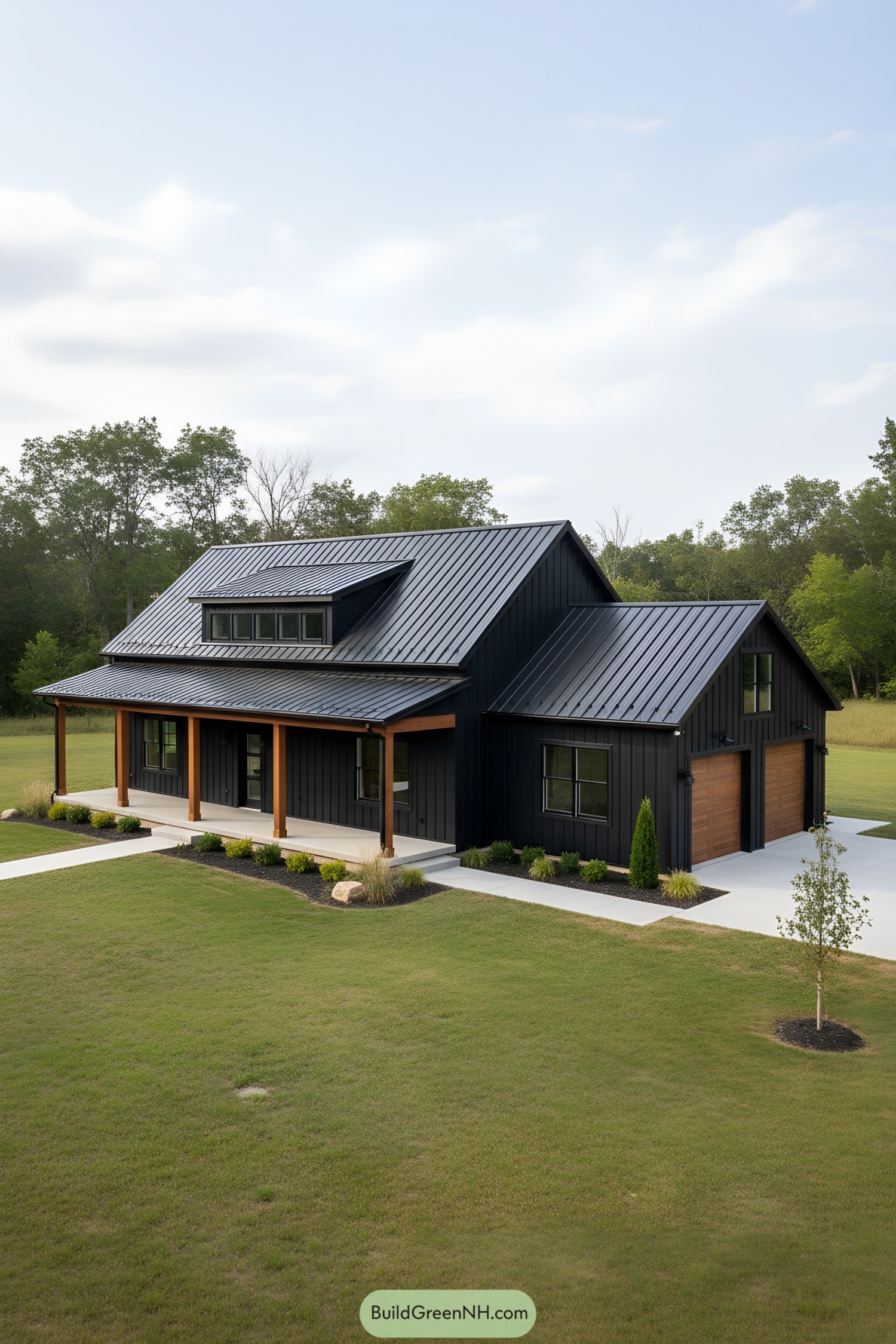 Black metal barndo with wood posts and dormer