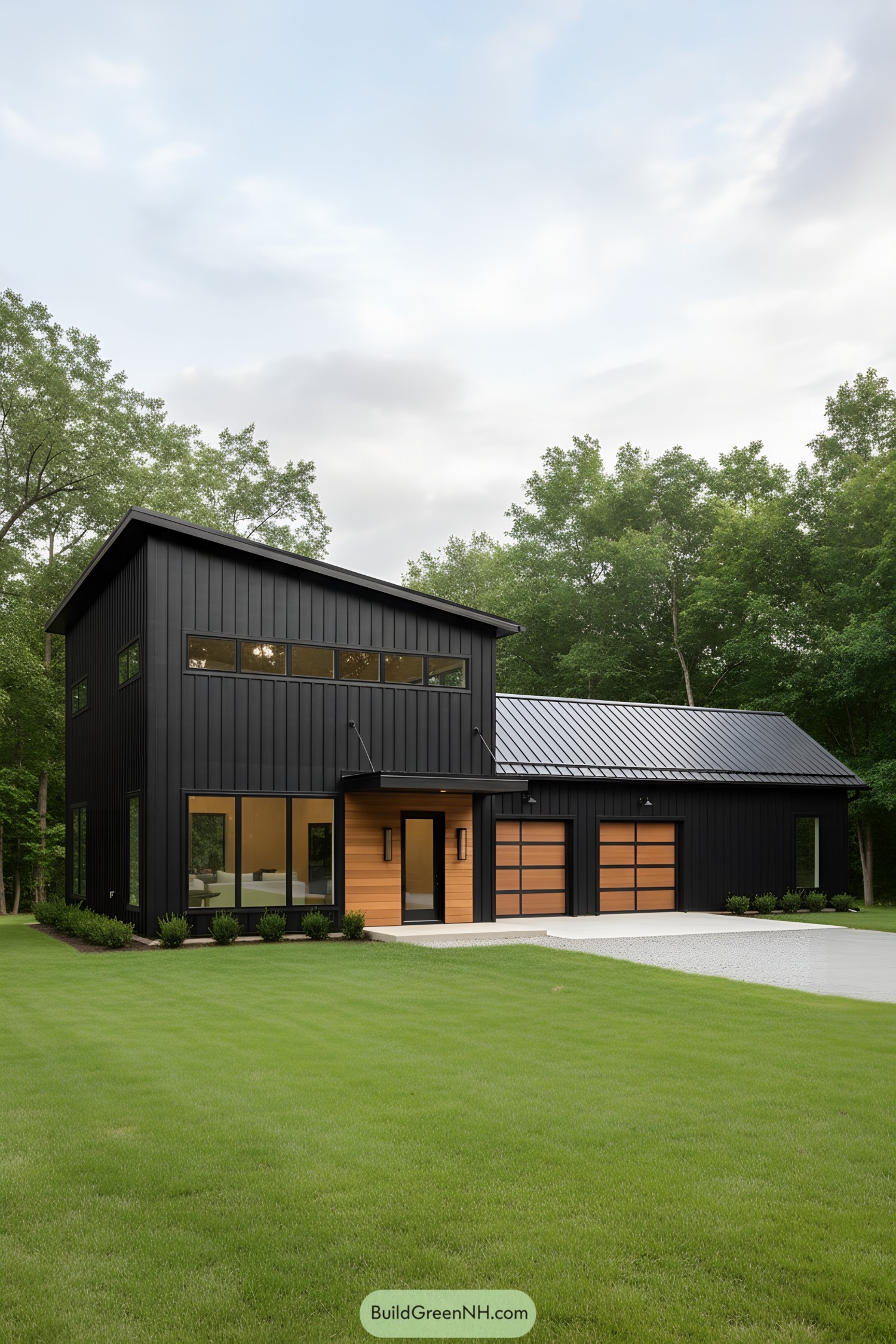 Black metal barndo with wood accents and asymmetrical roof