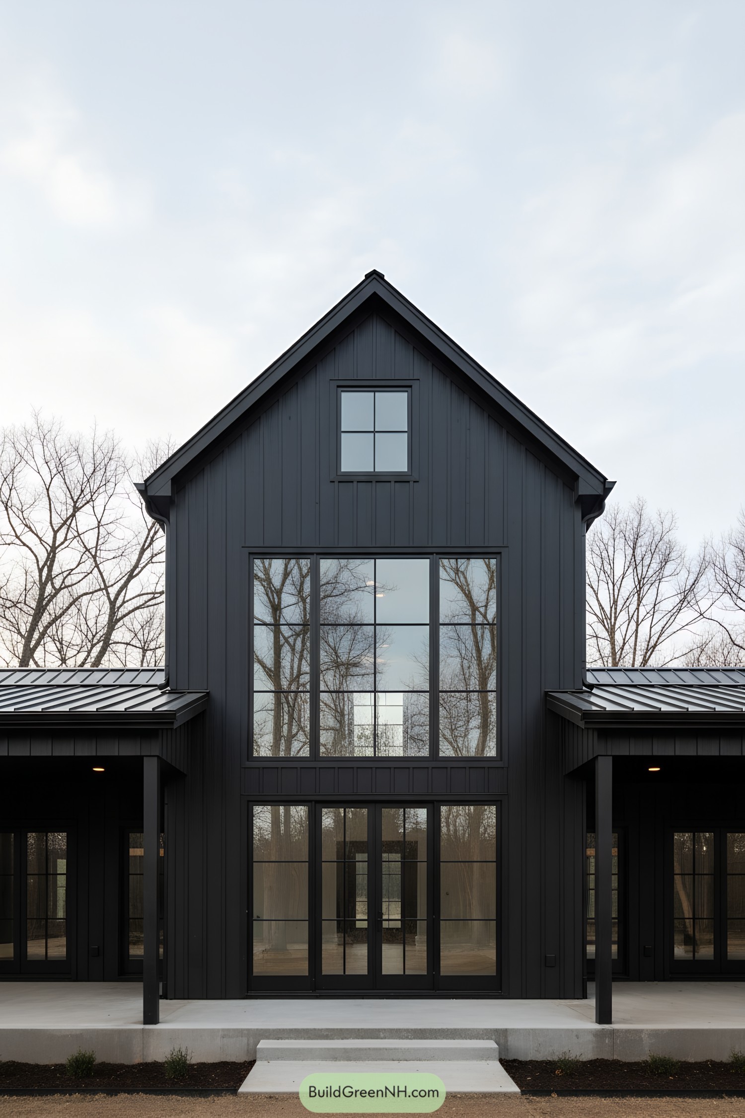Black modern barn with towering glass gable