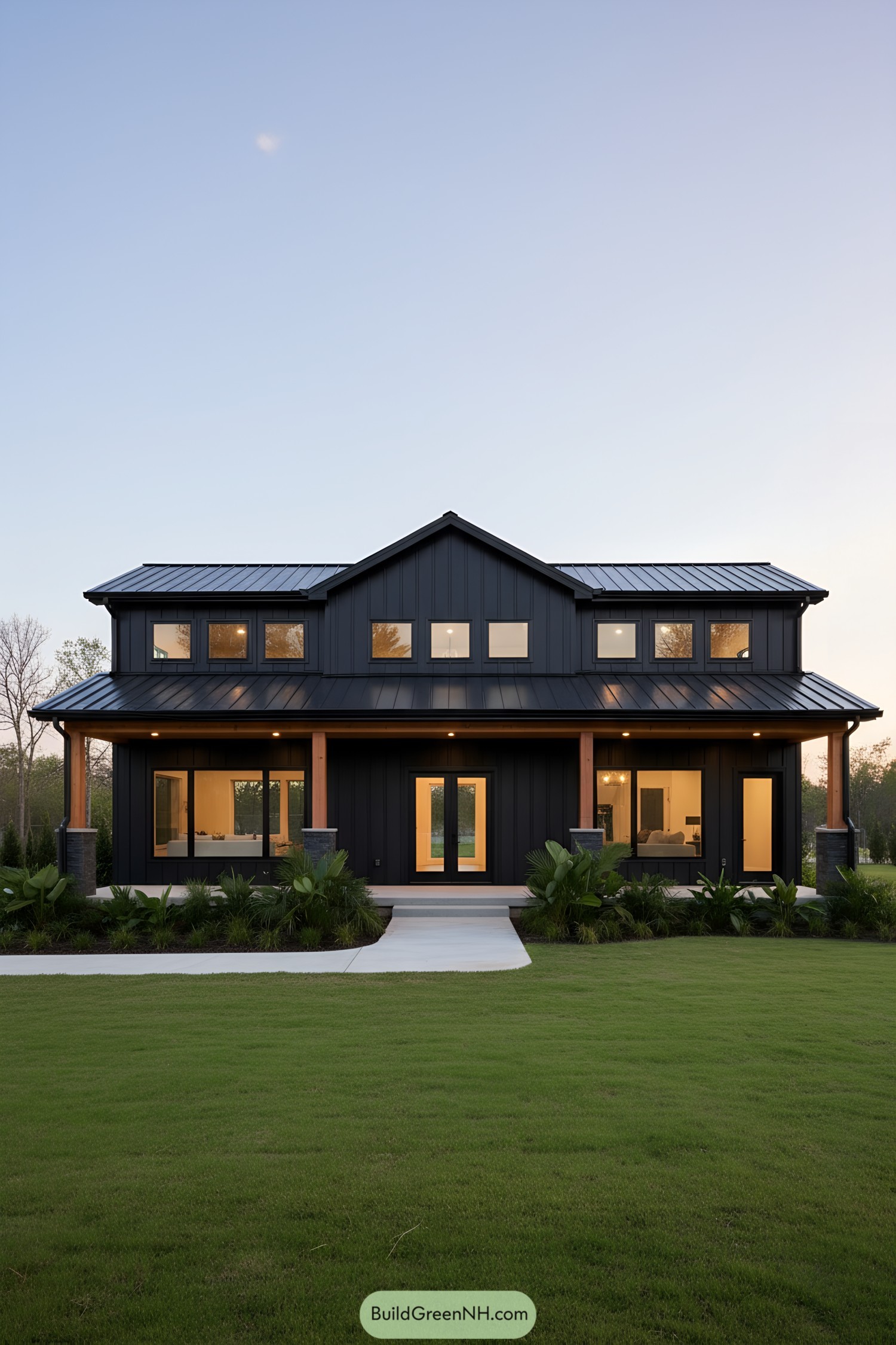 Black barndo with symmetrical gables warm wood posts and glowing windows at dusk