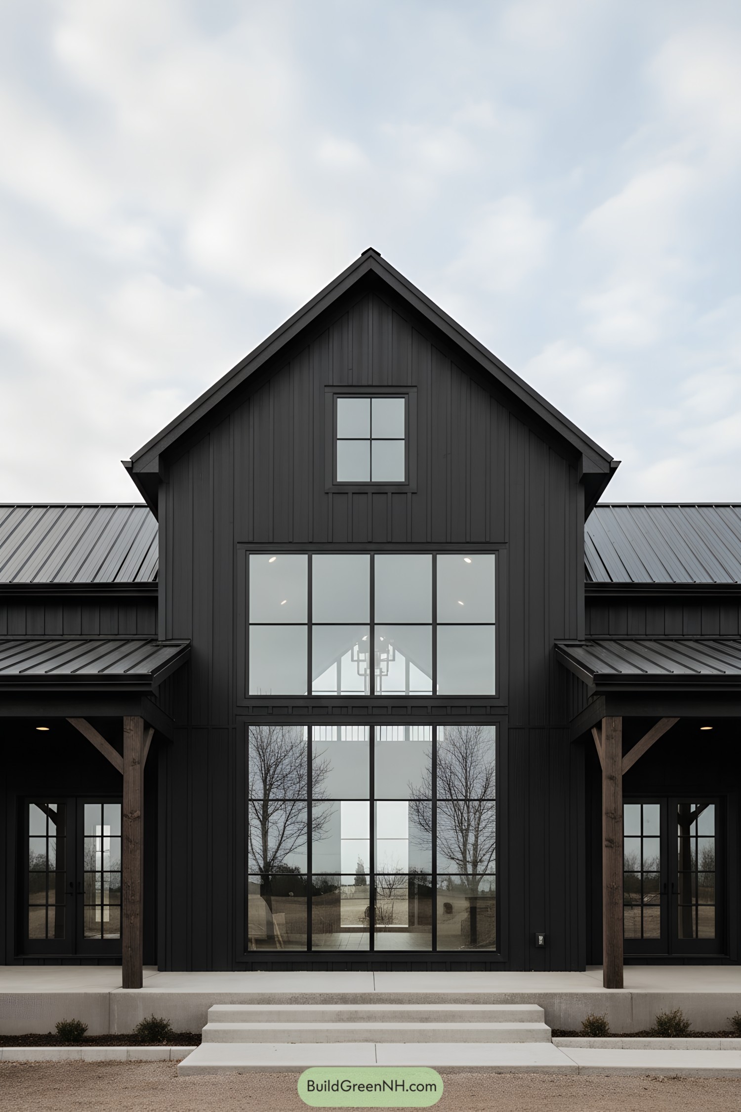 Black barndominium with tall grid windows and timber posts
