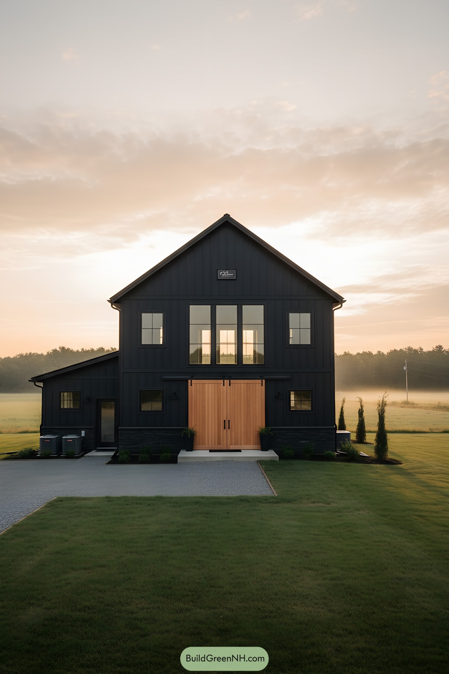 Black barndo with tall maple doors at sunrise