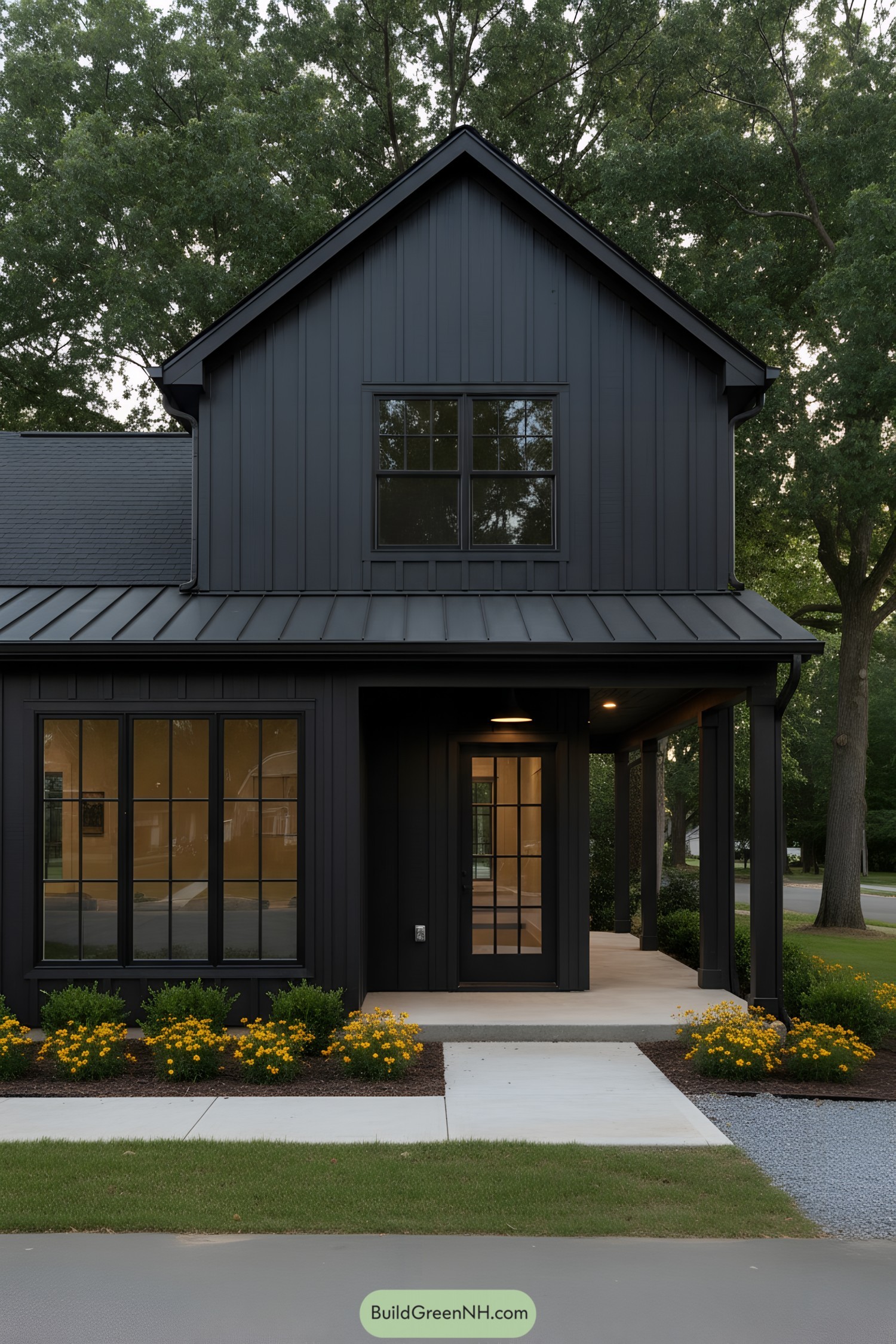 Black barndominium with gabled roof and porch
