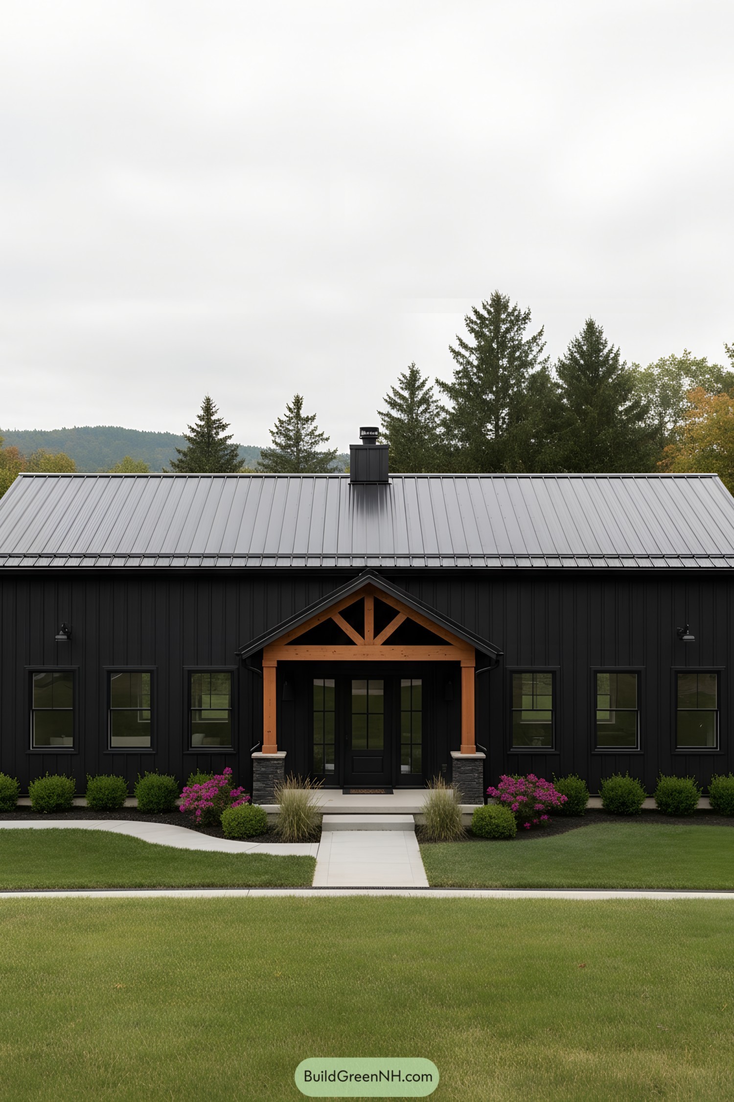 Modern black barndo with timber entry and gable