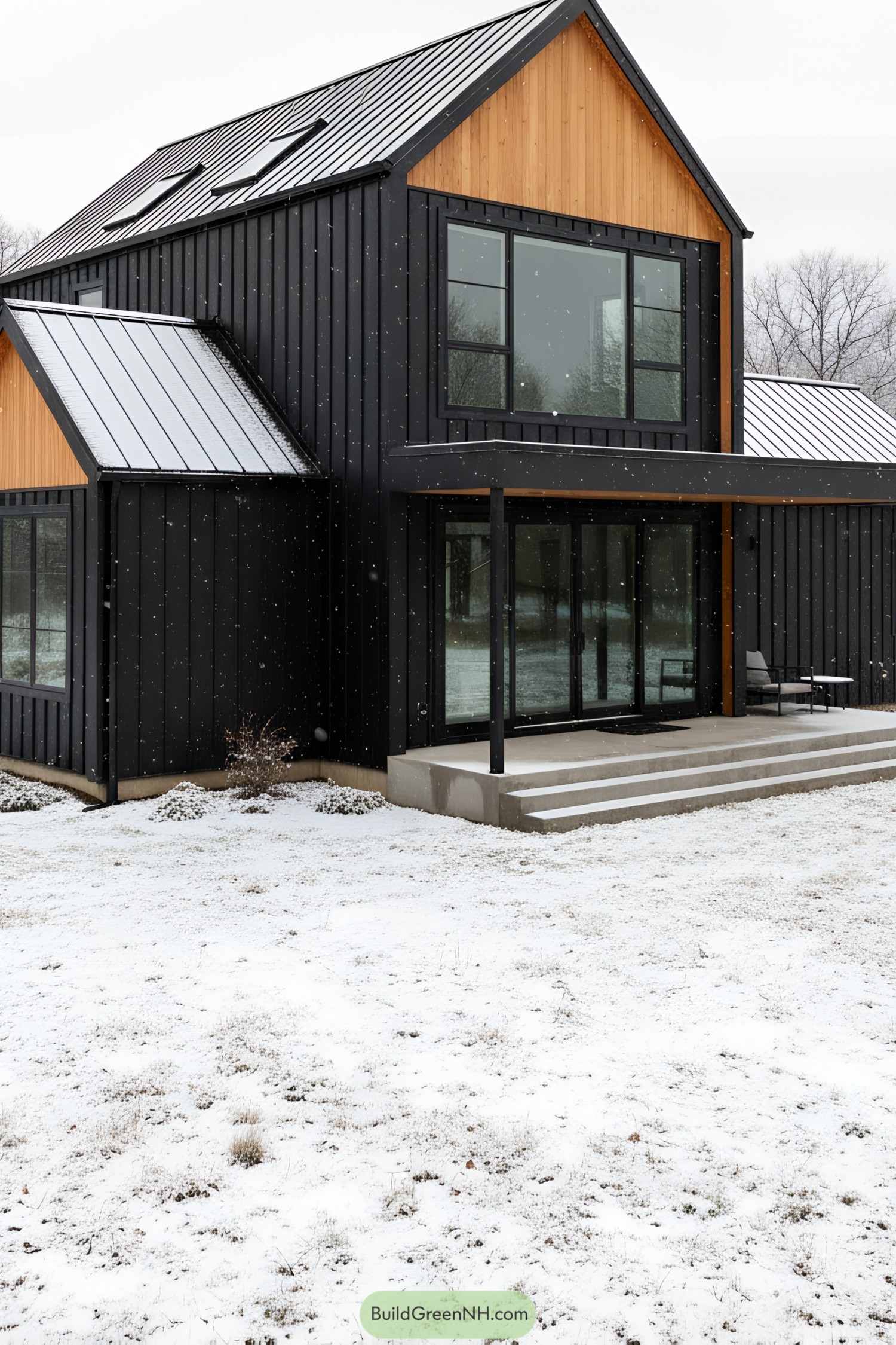 Modern black barndo with cedar gables in light snow