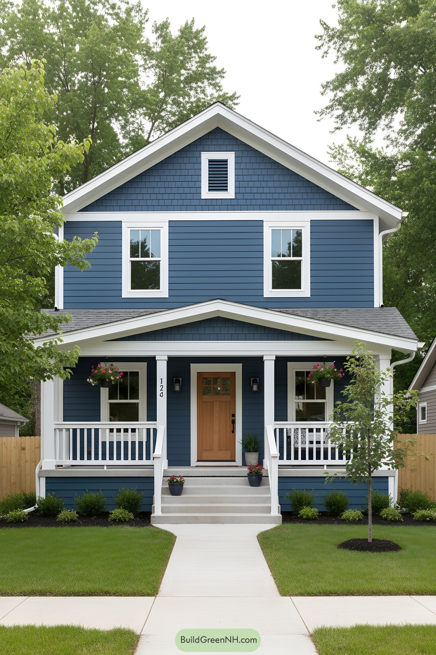 Blue Craftsman house with white trim and porch