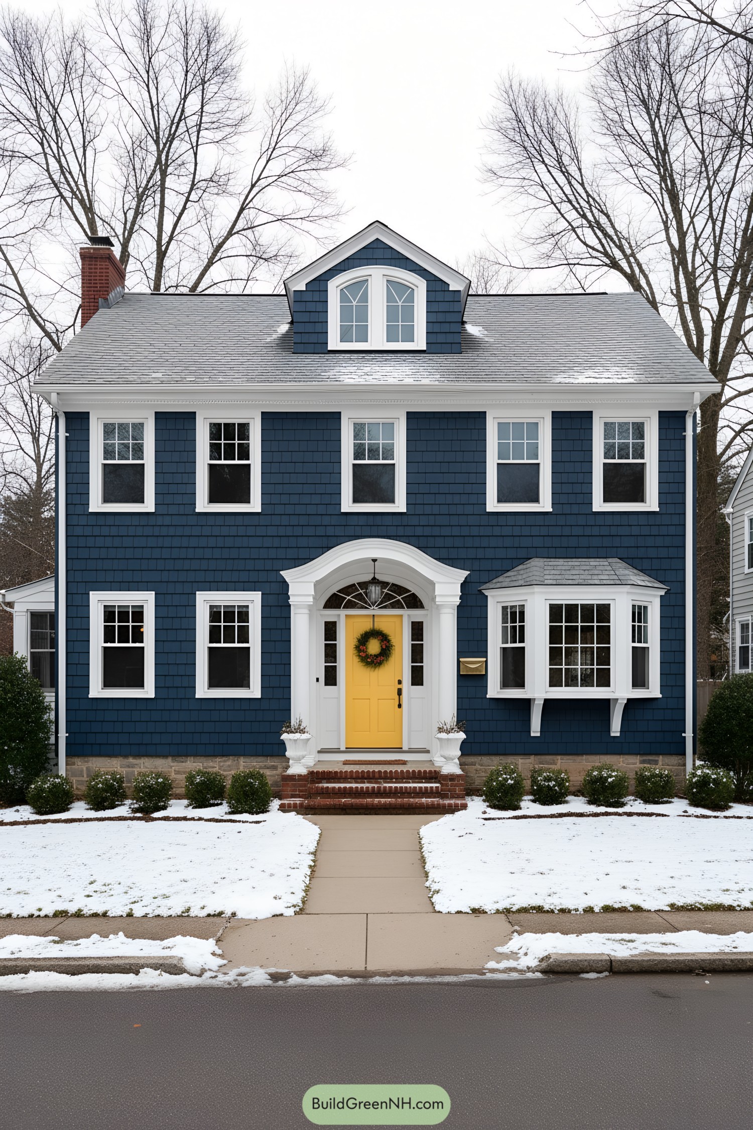 Navy shingle colonial with bright yellow door