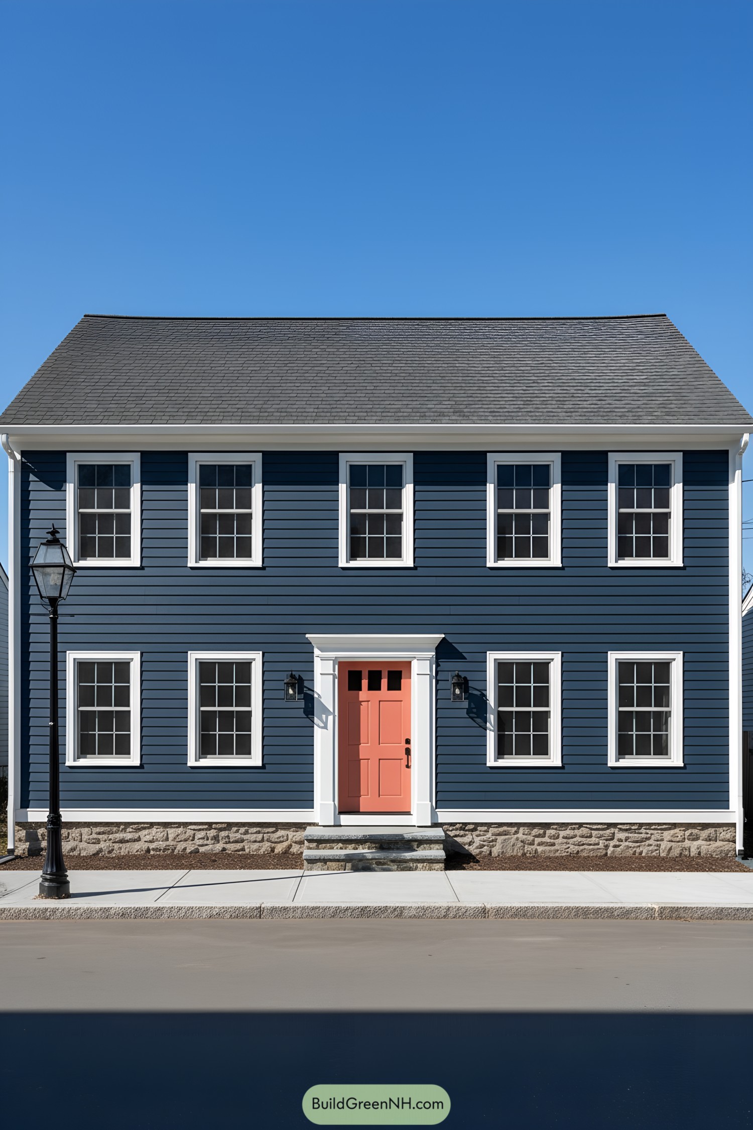 Blue clapboard house with coral front door and white trim