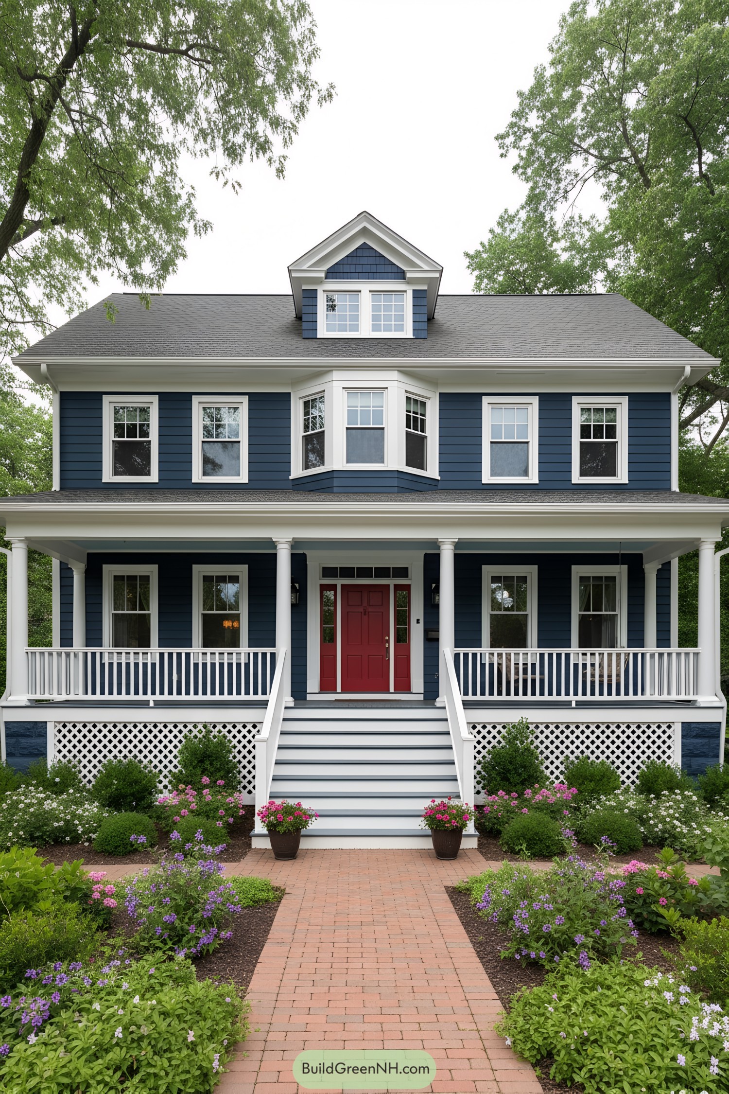 Two-story blue colonial with white trim, wraparound porch, and red front door