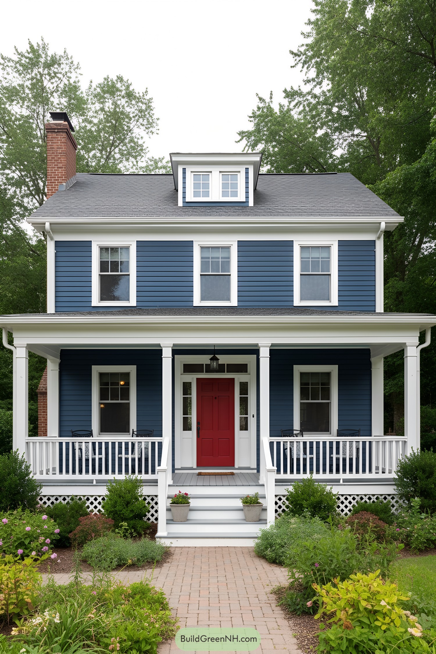 Blue clapboard house with white trim and red door