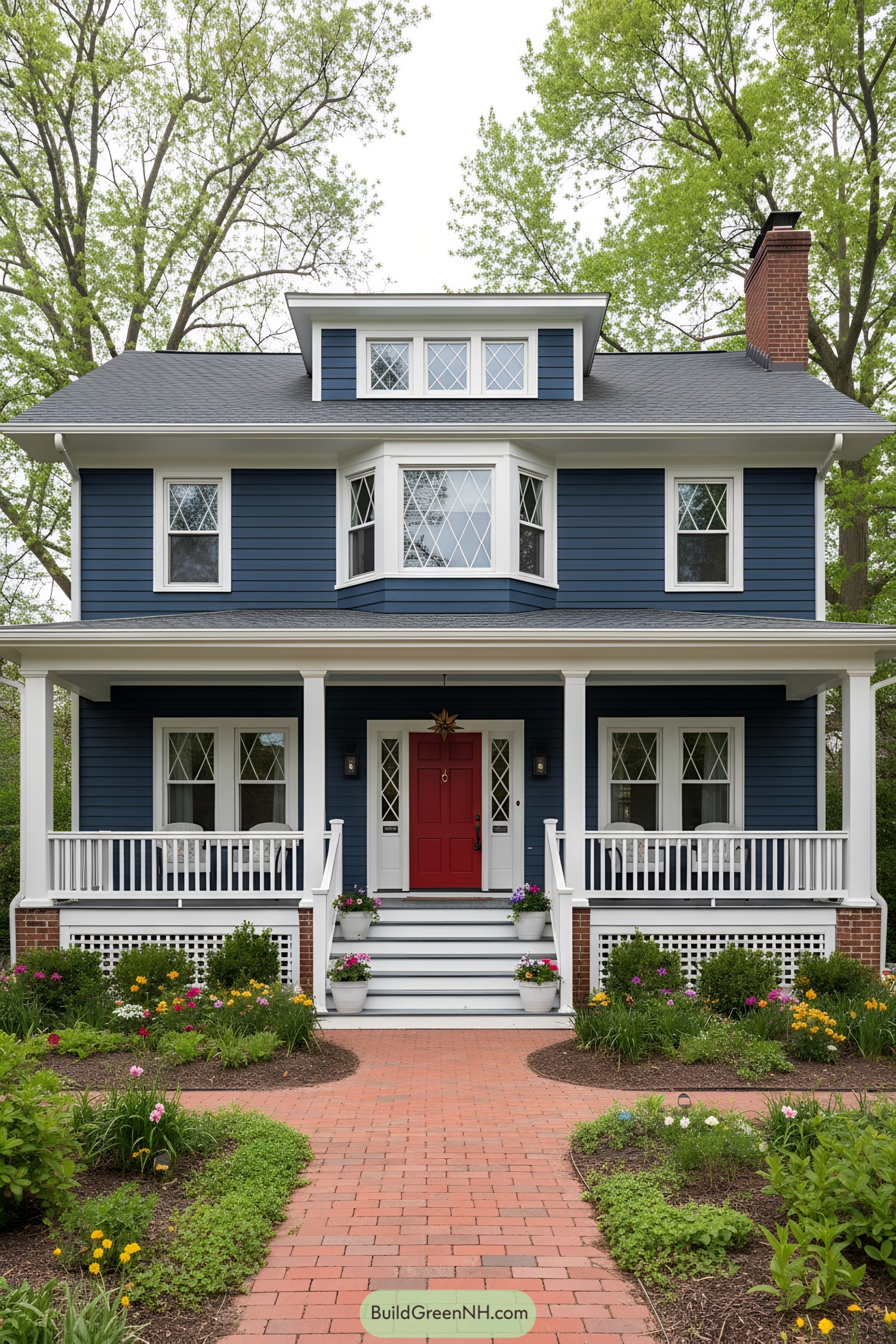Blue clapboard house with white trim and red door