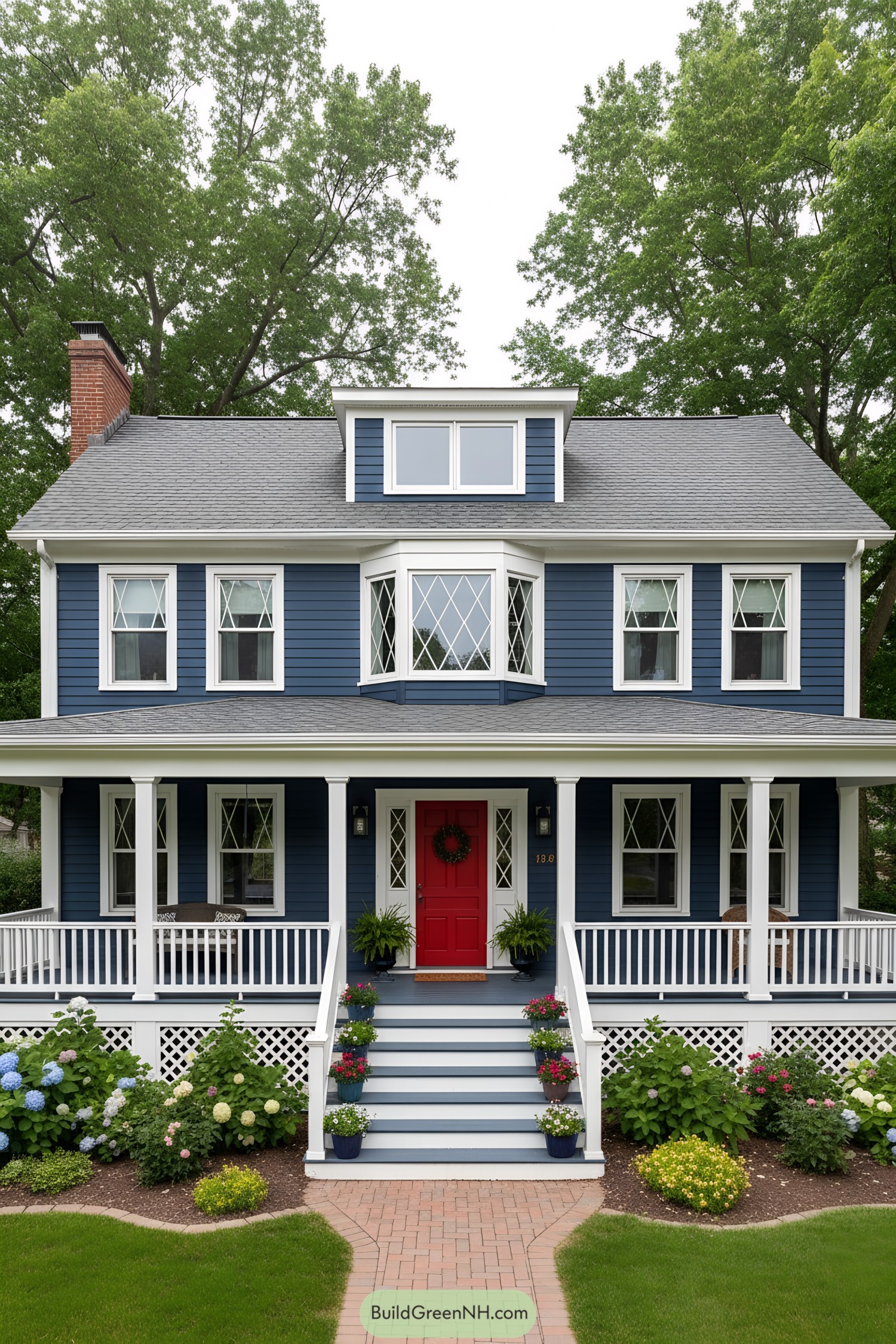 Blue house with white trim and red door