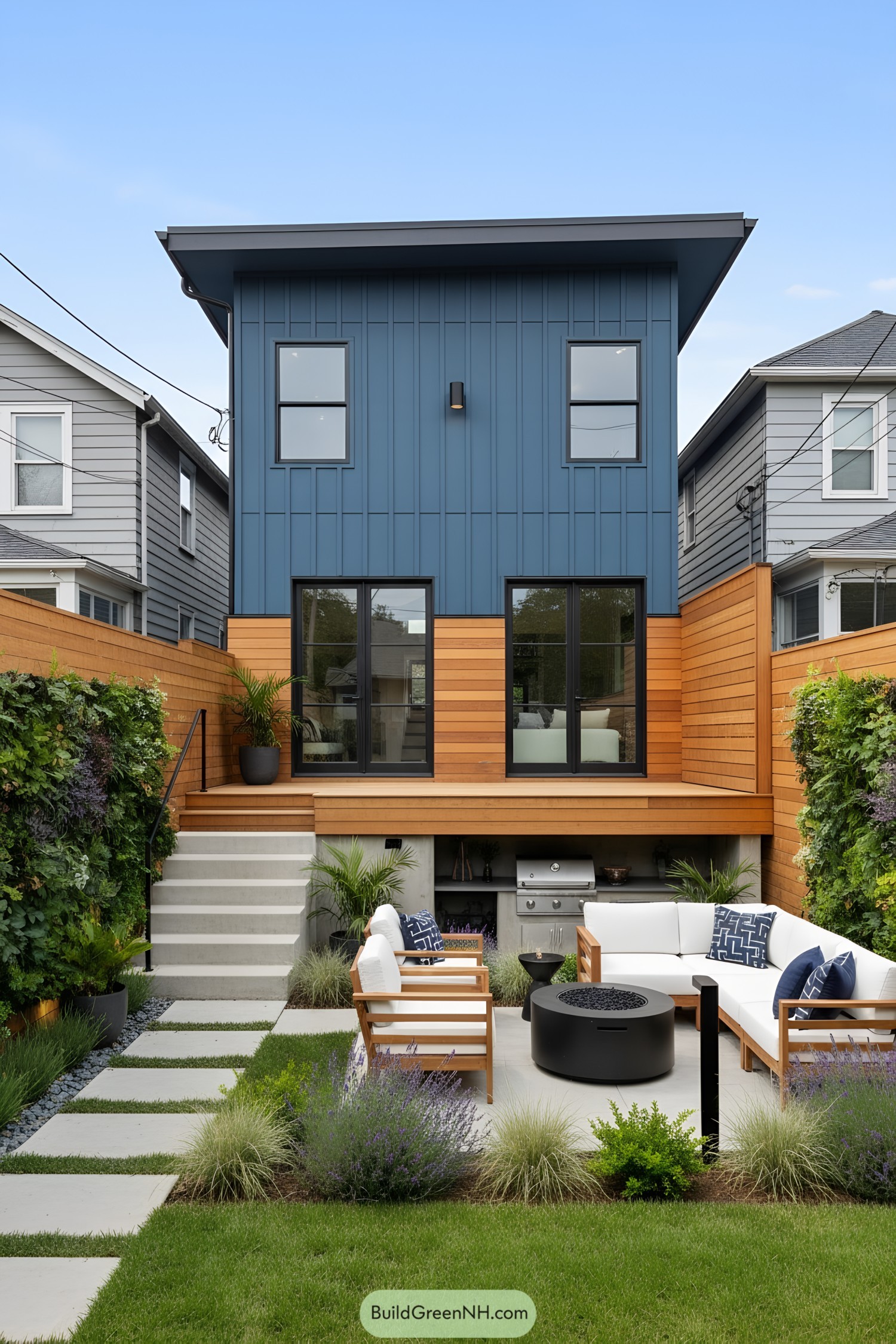 Modern blue house with cedar siding, patio, and outdoor lounge
